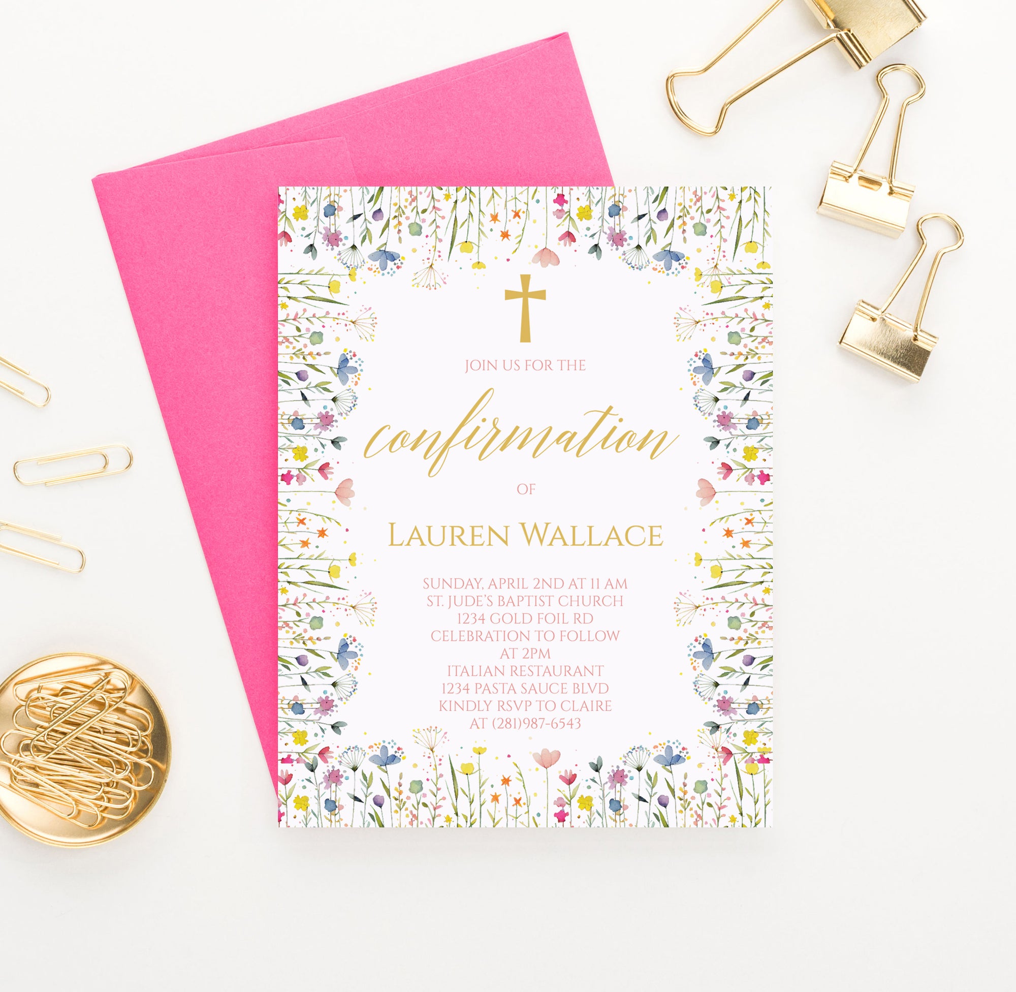 Watercolor Wildflower Invitations For Catholic Confirmation