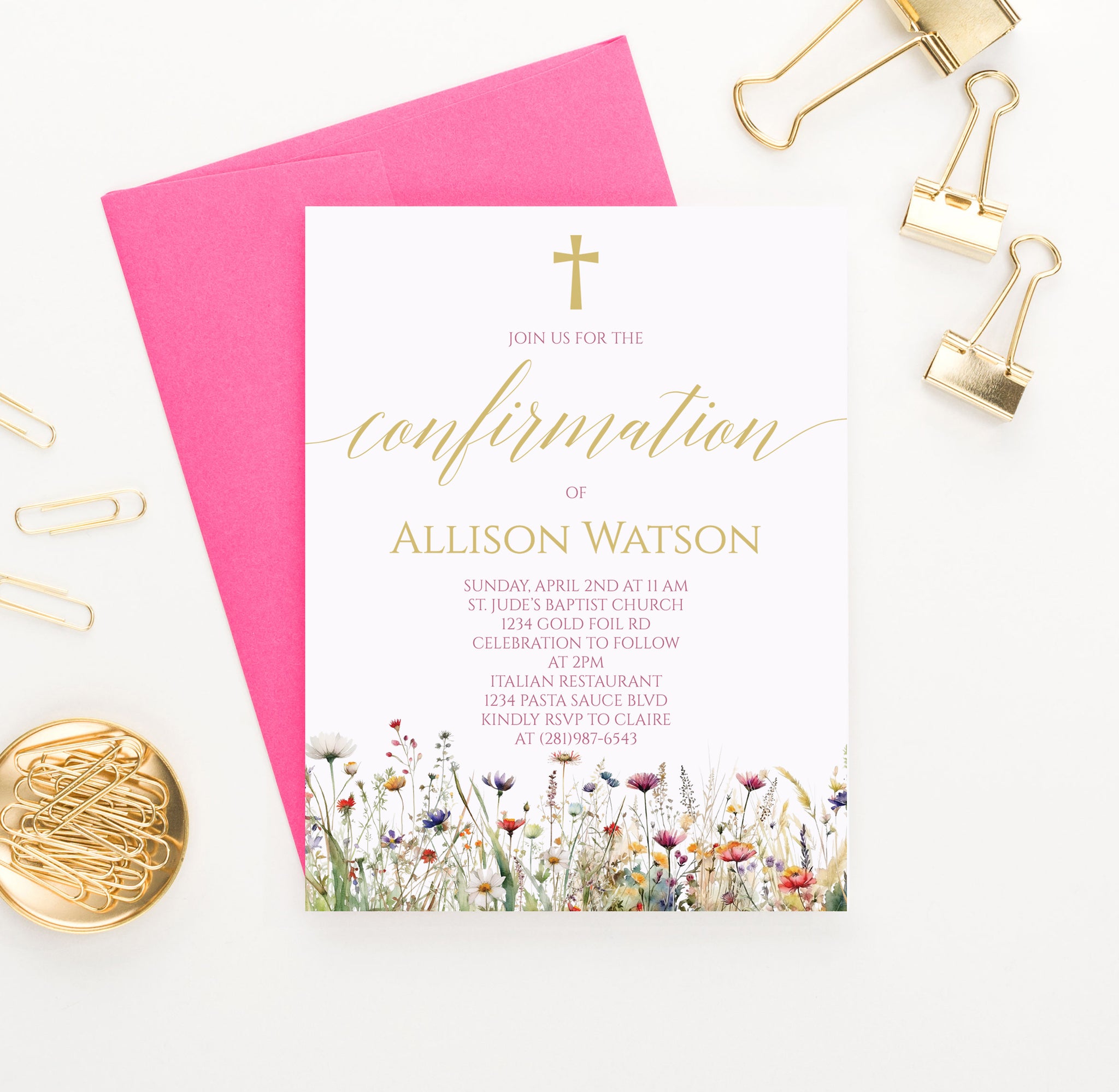 Custom Confirmation Invitations With Wildflowers - Modern Pink Paper