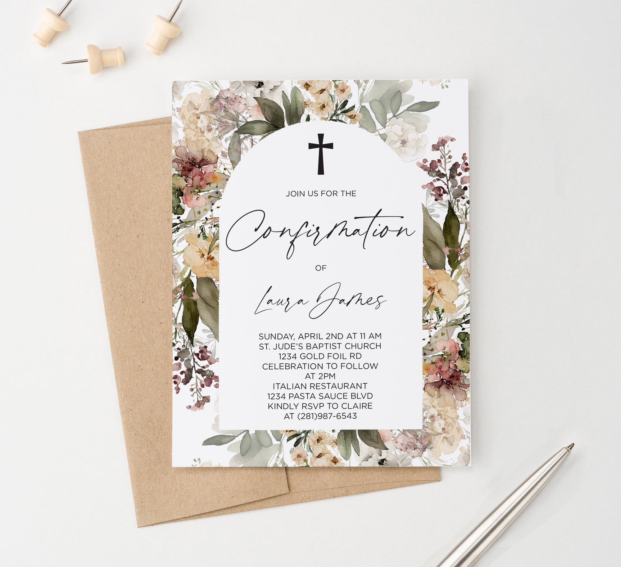 Elegant Confirmation Card Invitation With Floral Arch