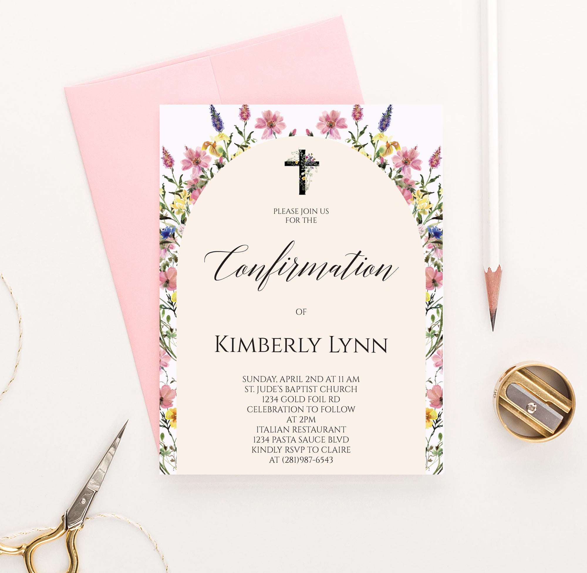 Modern Catholic Confirmation Invitations With Wildflower Arch
