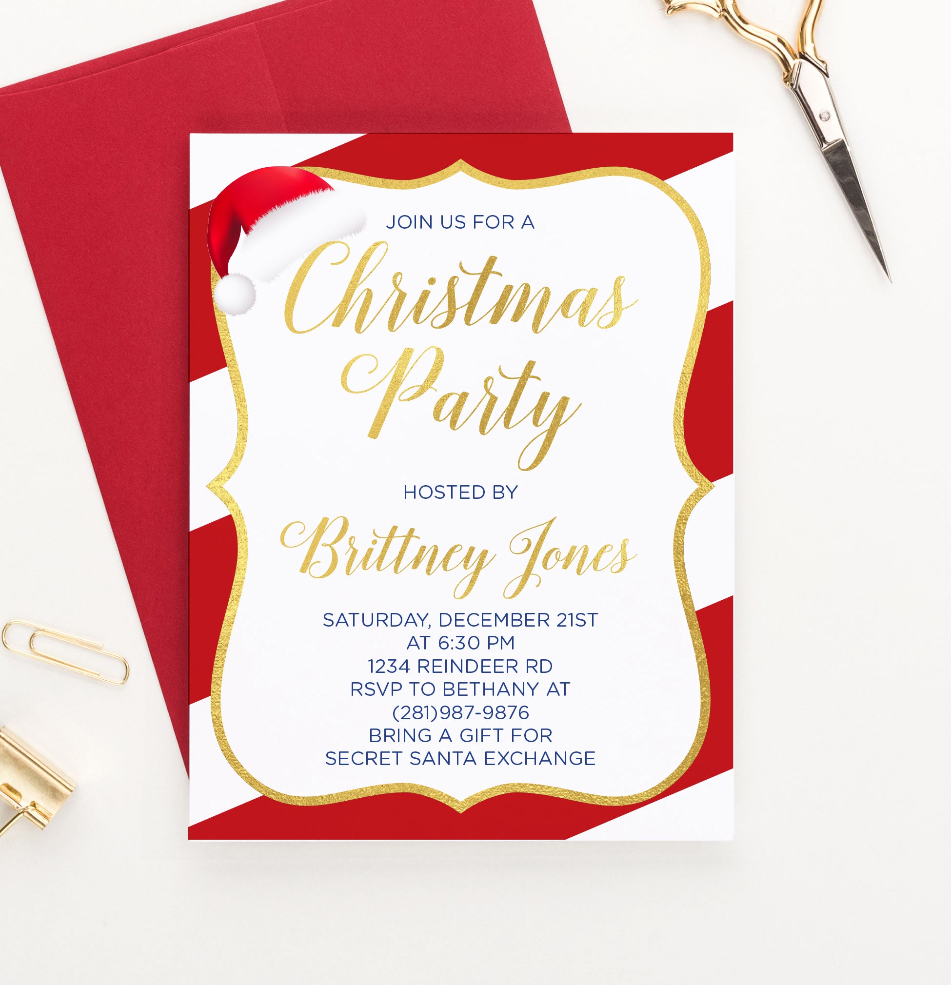 Candy Cane Striped Border Christmas Party Invites with Santa Hat