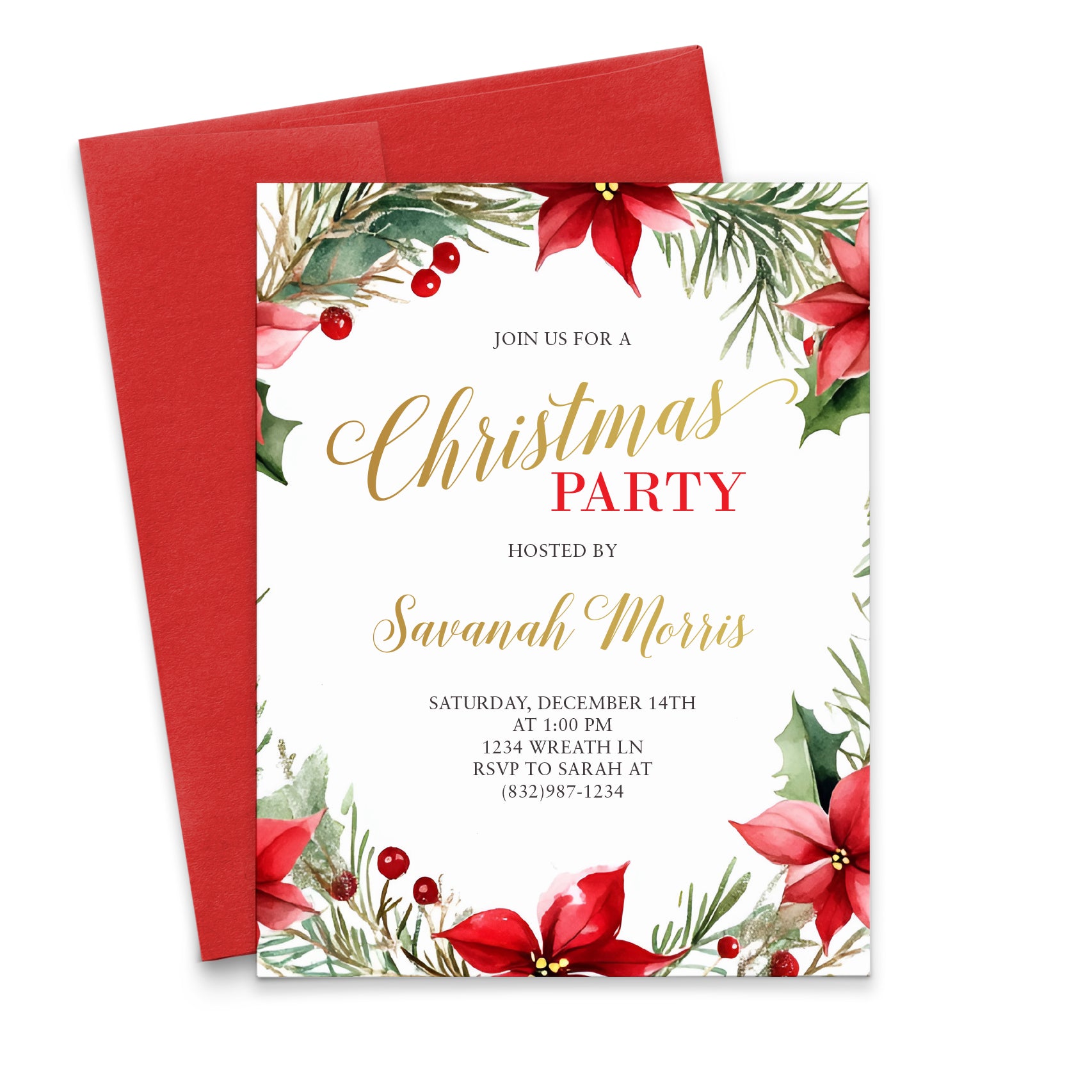 Elegant Personalized Christmas Party Invitations With Wreath