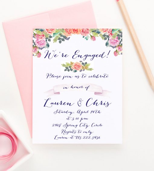 Personalized Watercolor Floral Engagement Invitations Modern Pink Paper