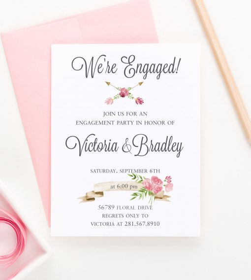 Custom Engagement Party Invitations With Floral Crossed Arrows