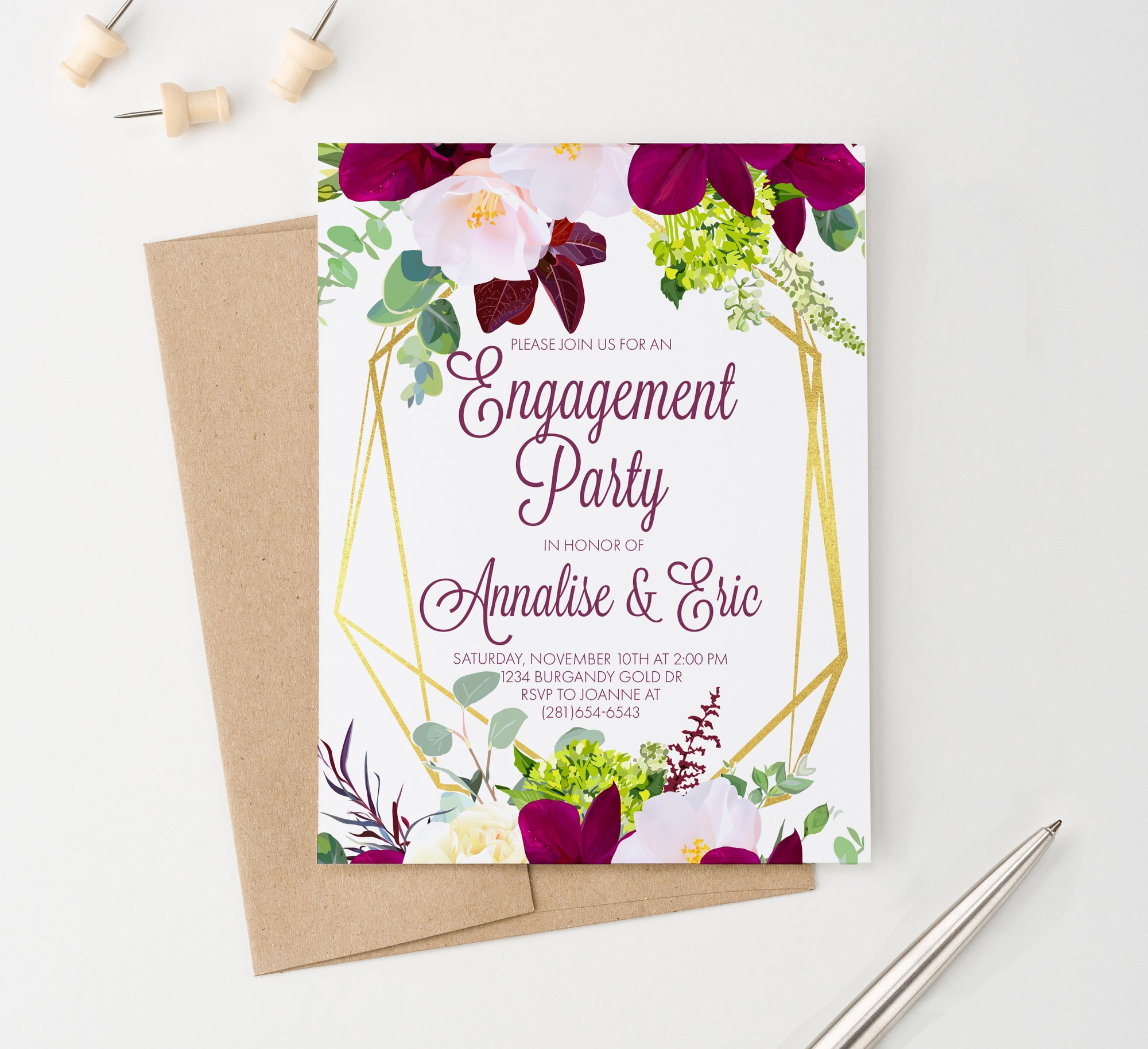 Custom Elegant Burgundy Floral Engagement Invitations With Gold Frame