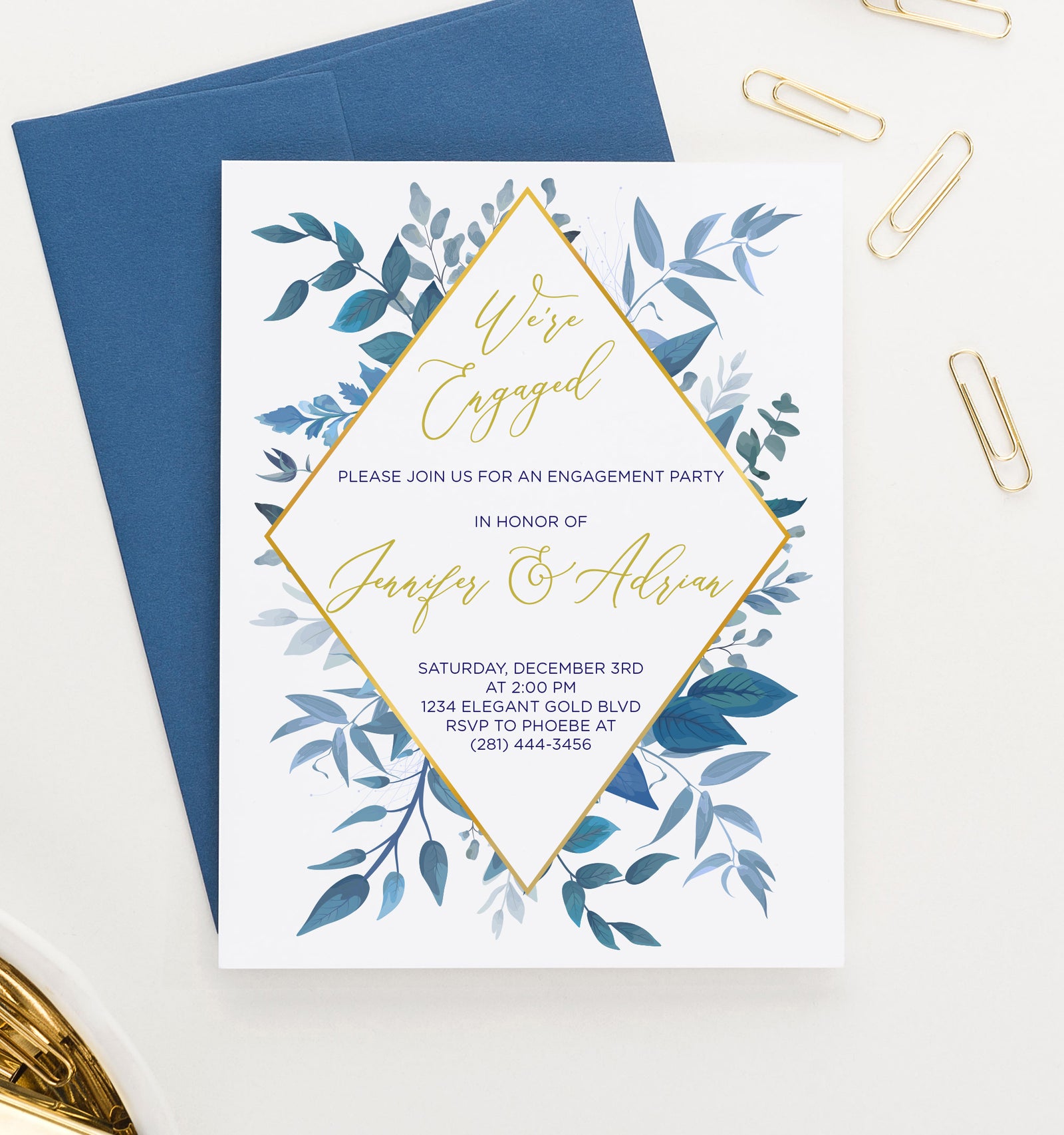 Customized Elegant Blue Greenery Engagement Party Invitations