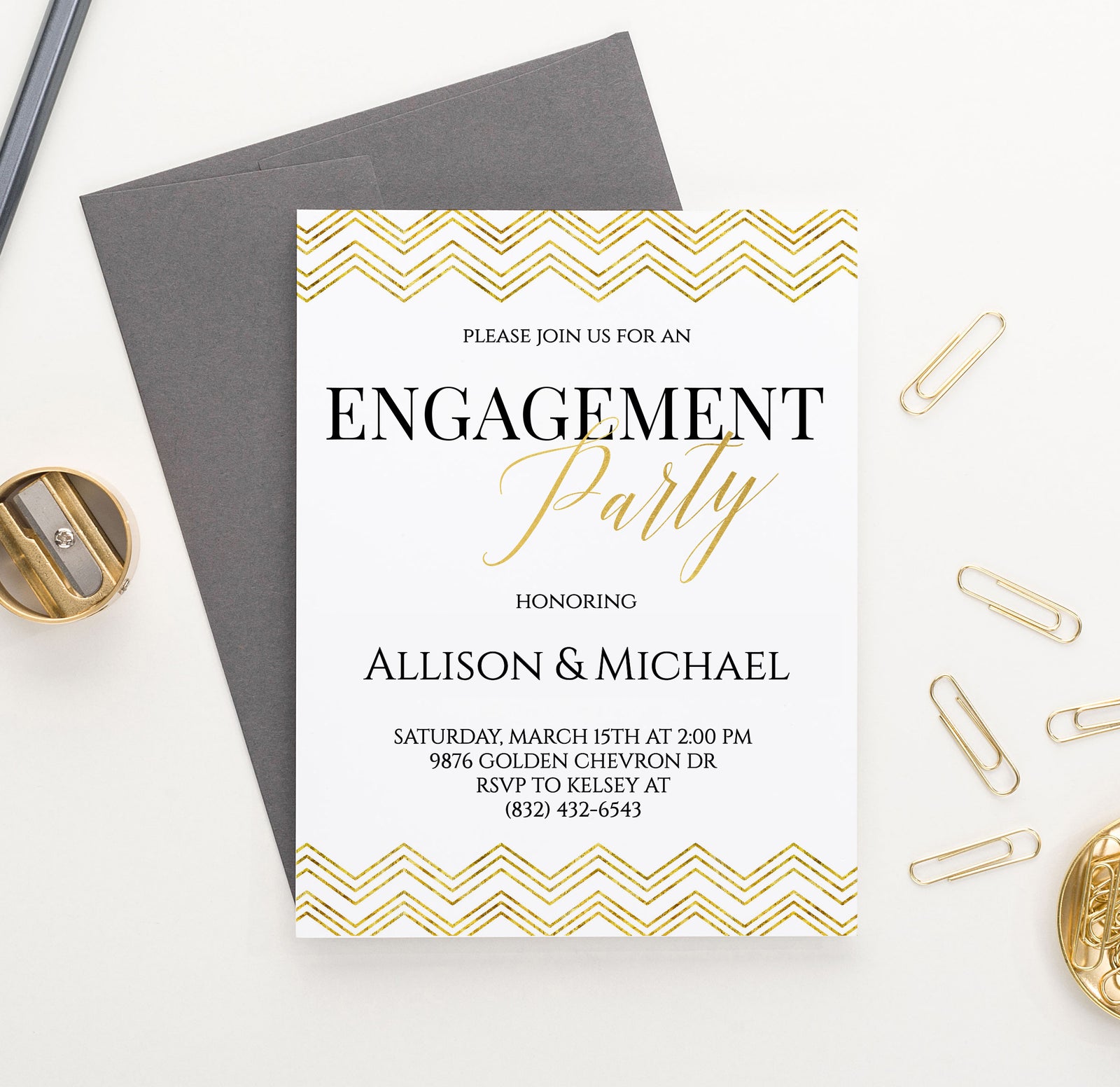 Gold Chevron Engagement Party Invitations Customized