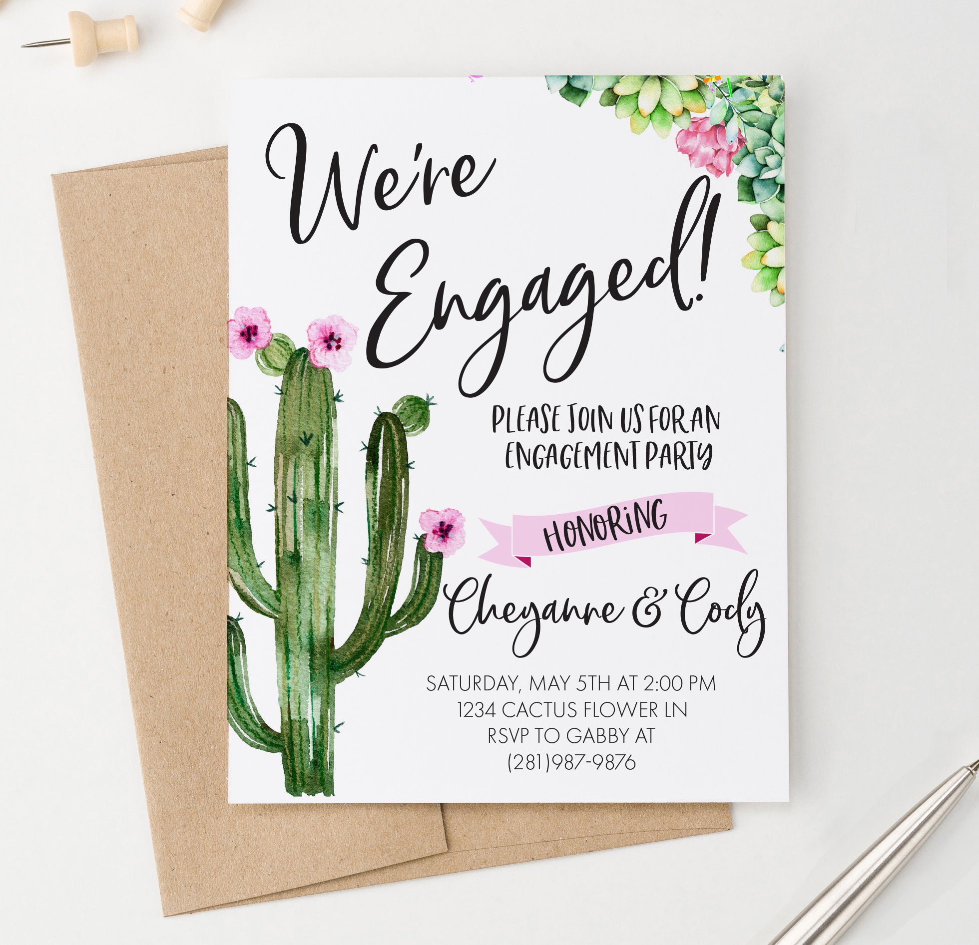 succulent party invitations Cactus Watercolor Engagement Party Invitations Personalized