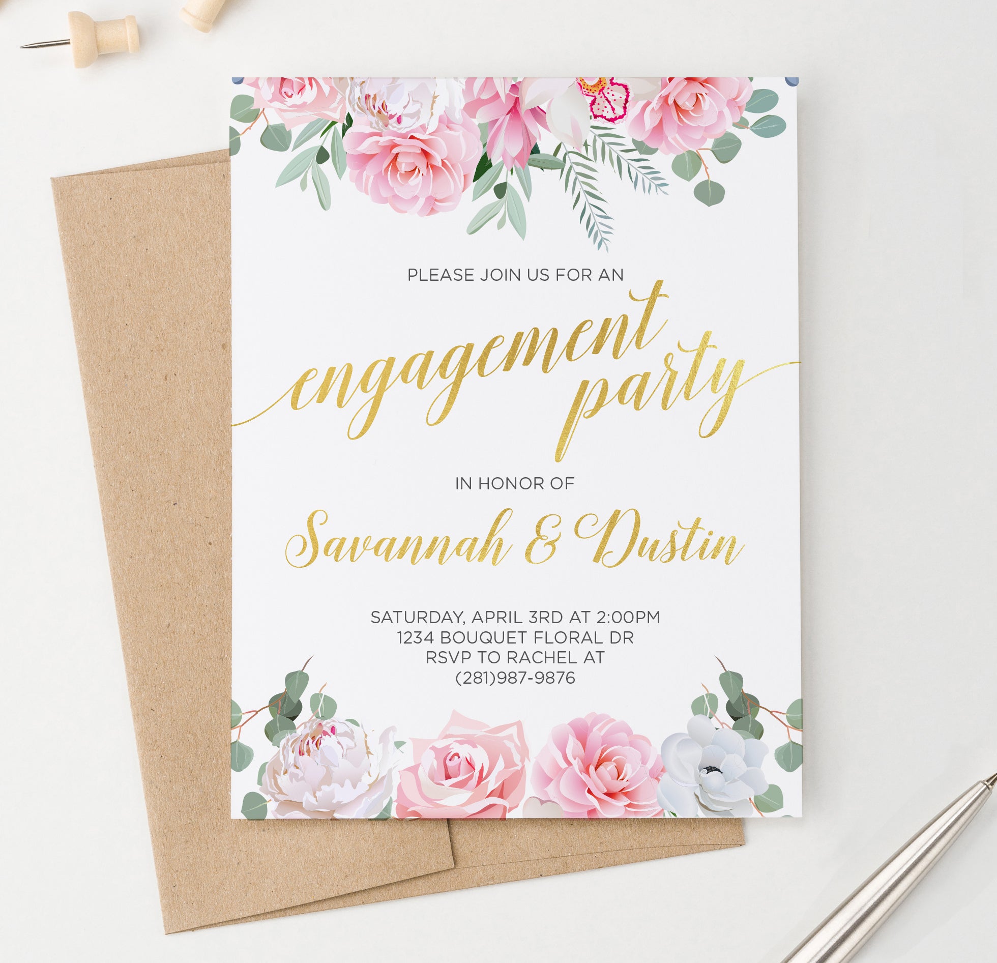 Custom Pink And White Floral Engagement Party Invitations