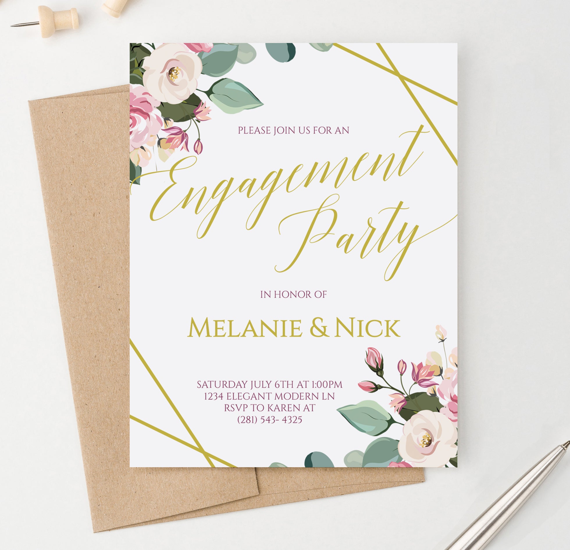 Personalized Modern Engagement Party Invitations With Floral Corners