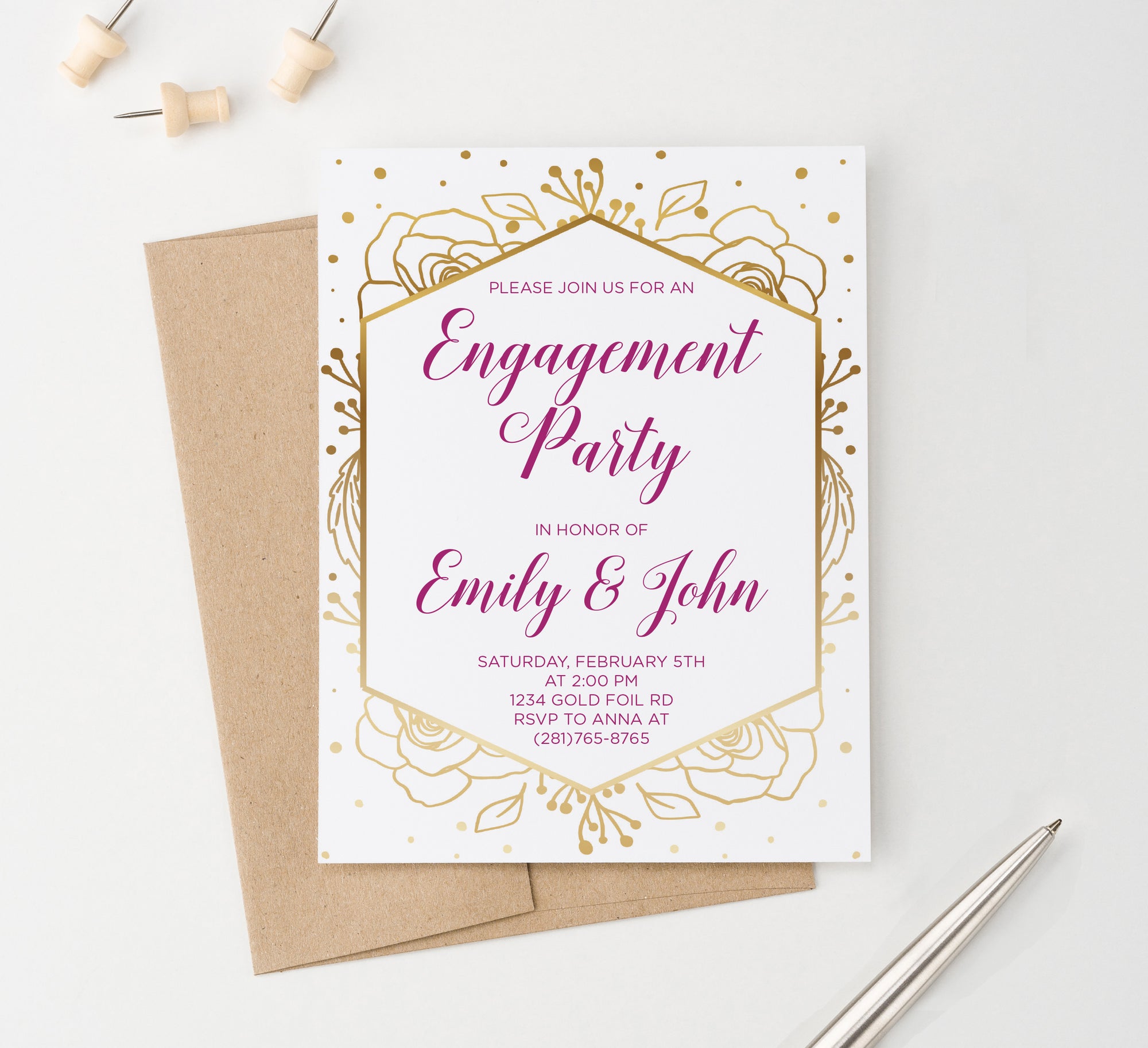 Gold Floral Frame Engagement Party Invitations Personalized
