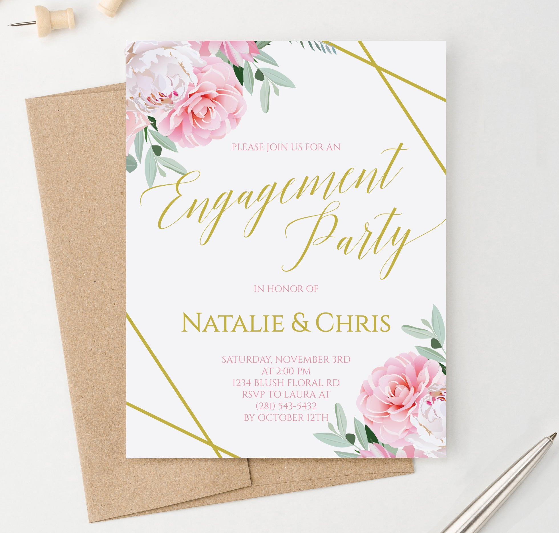 Elegant Personalized Engagement Party Invitations With Floral Corner