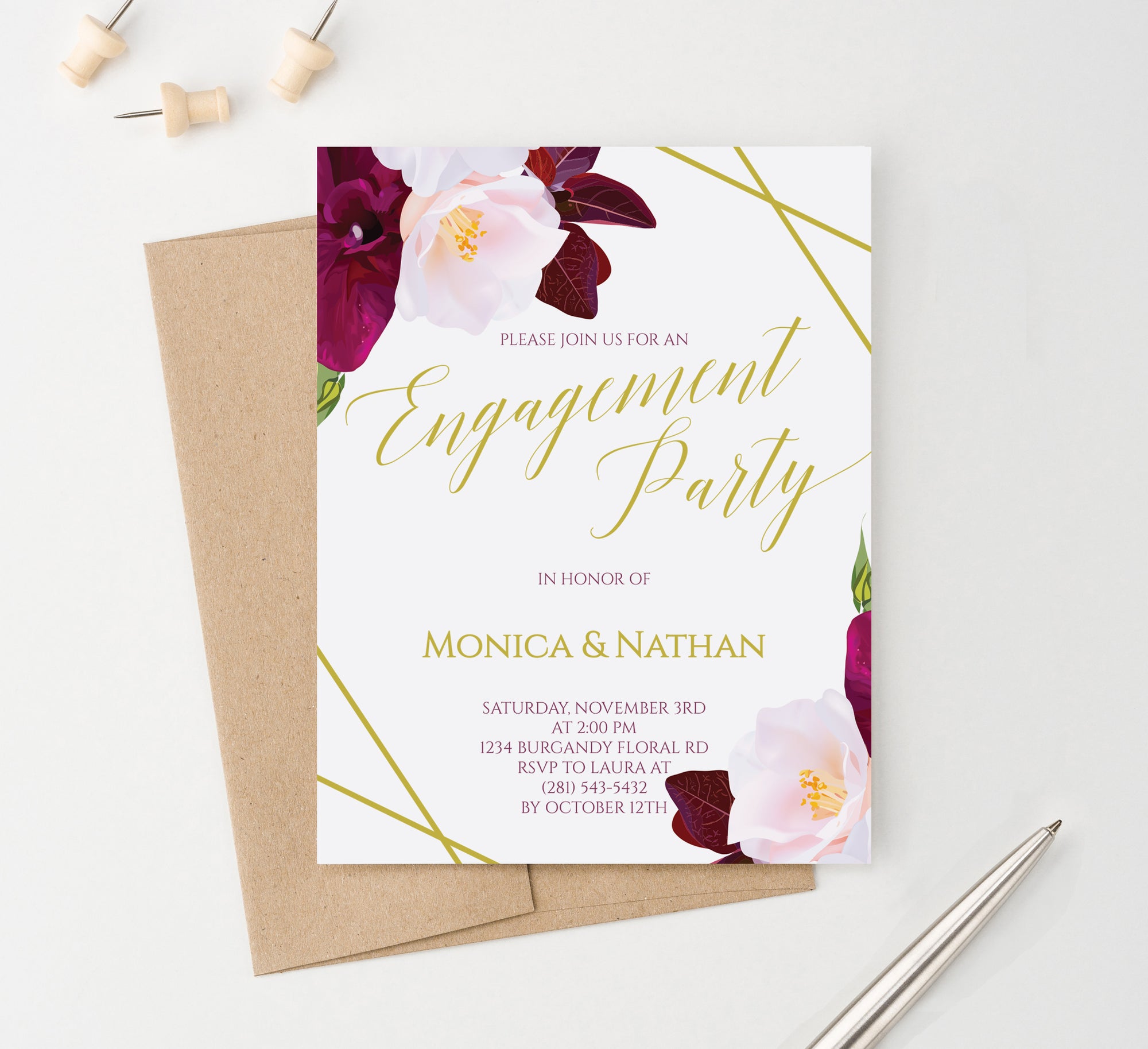 Burgundy And Pink Floral Engagement Party Invitations Personalized