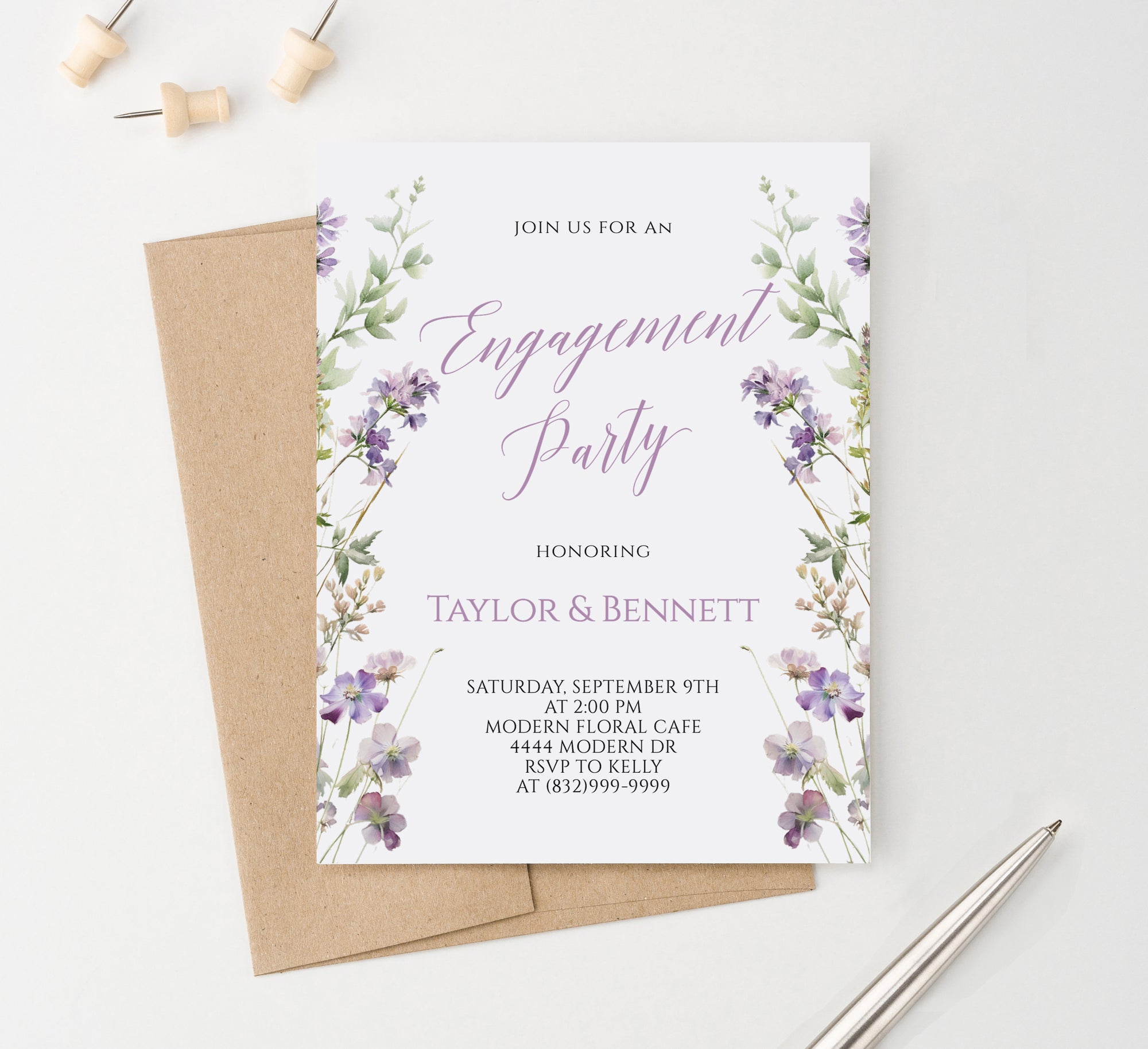Classy Engagement Invitations With Purple Florals