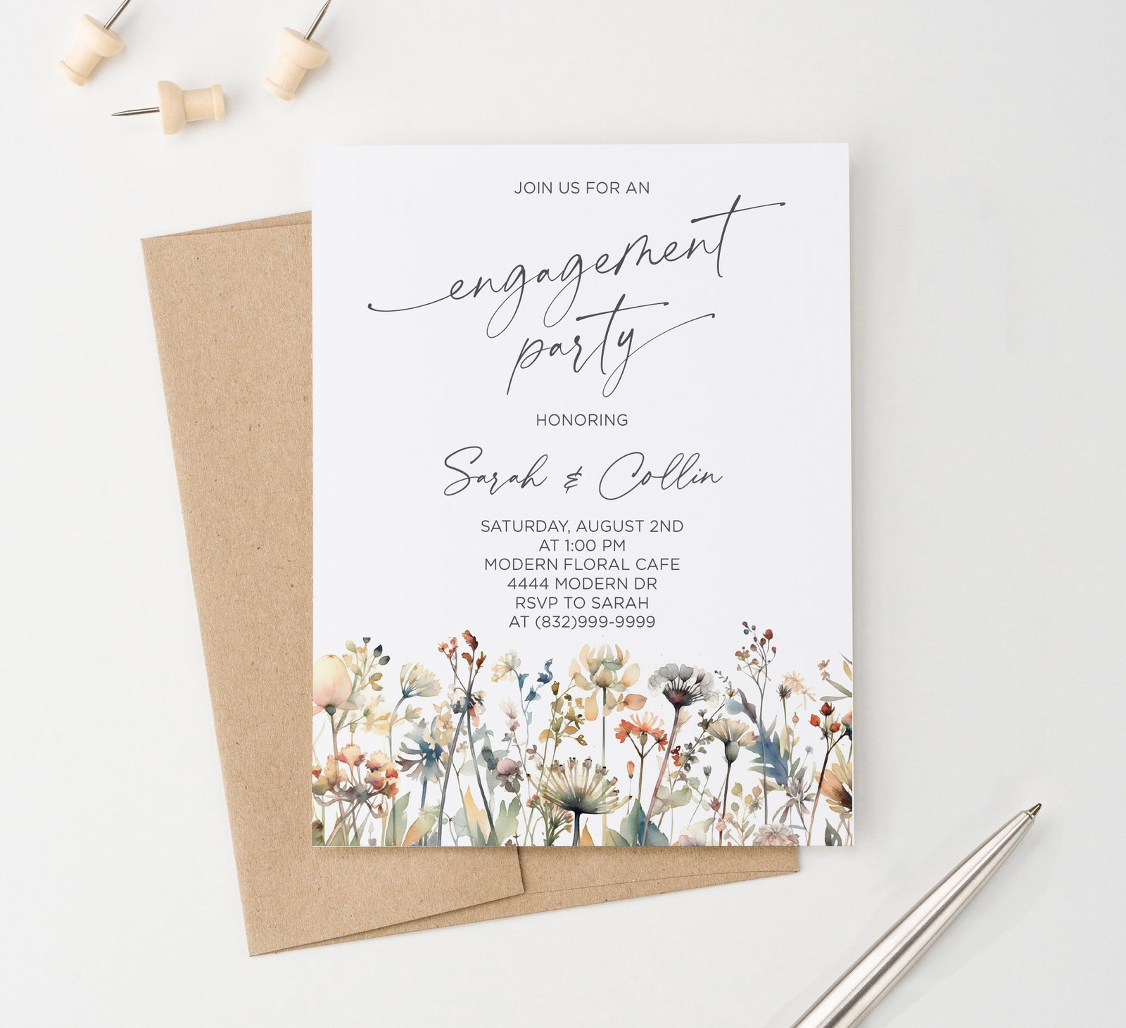 Simple Elegant Engagement Invitations With Wildflowers