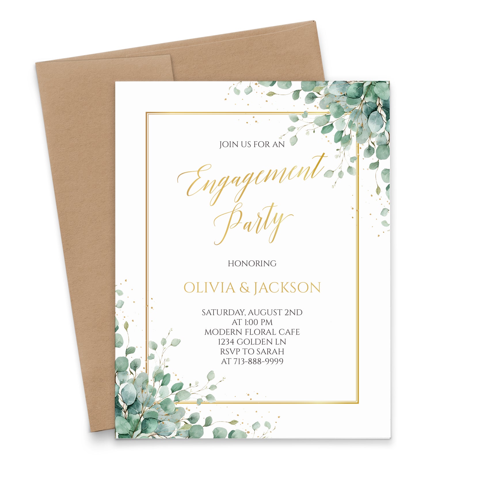 Green And Gold Engagement Party Invitations With Border