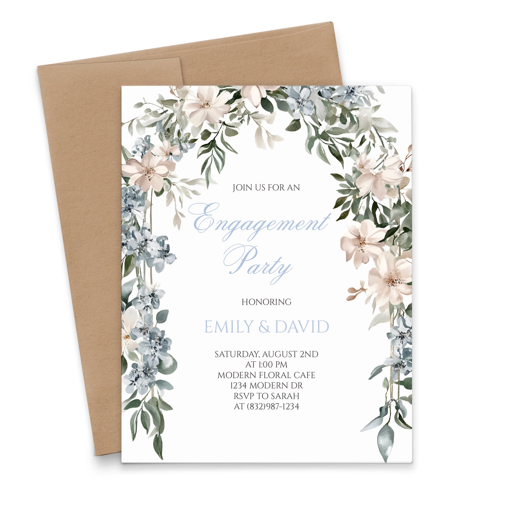 Dusty Blue Floral Engagement Party Invitations 