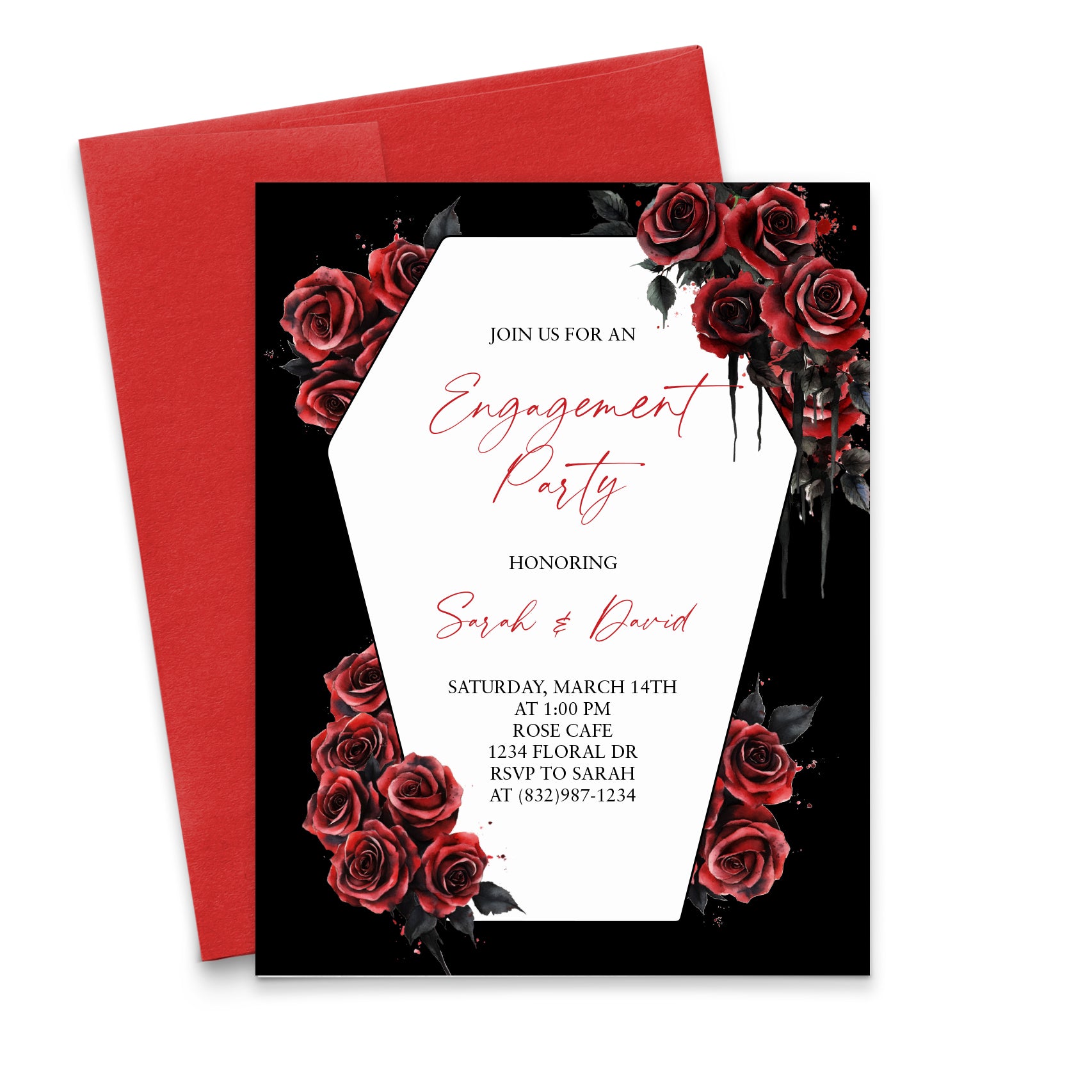 Gothic Engagement Party Invitation Cards With Red Roses