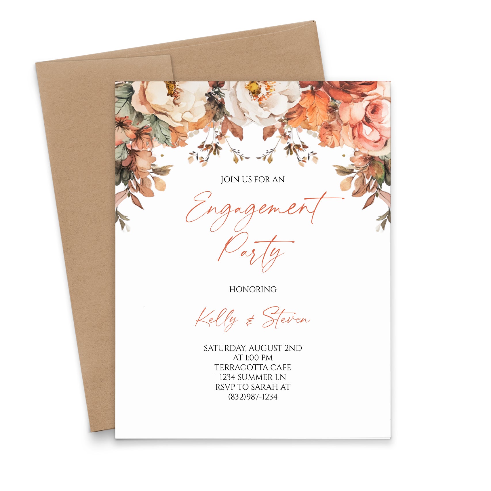 Terracotta Floral Engagement Party Invitations Autumn Theme - Modern Pink  Paper, image size:1706x1706