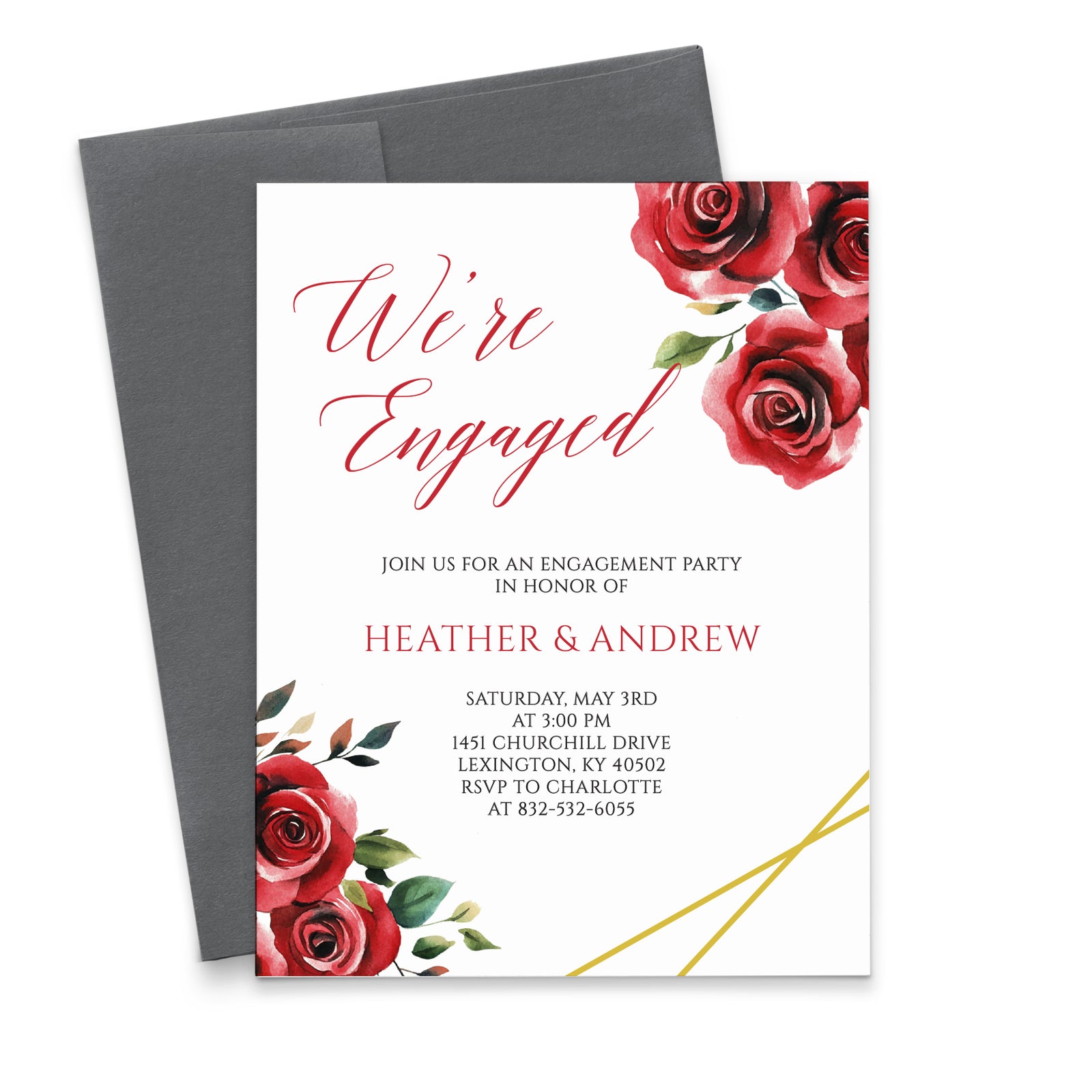 Classy Custom Engagement Party Invitations With Red Roses