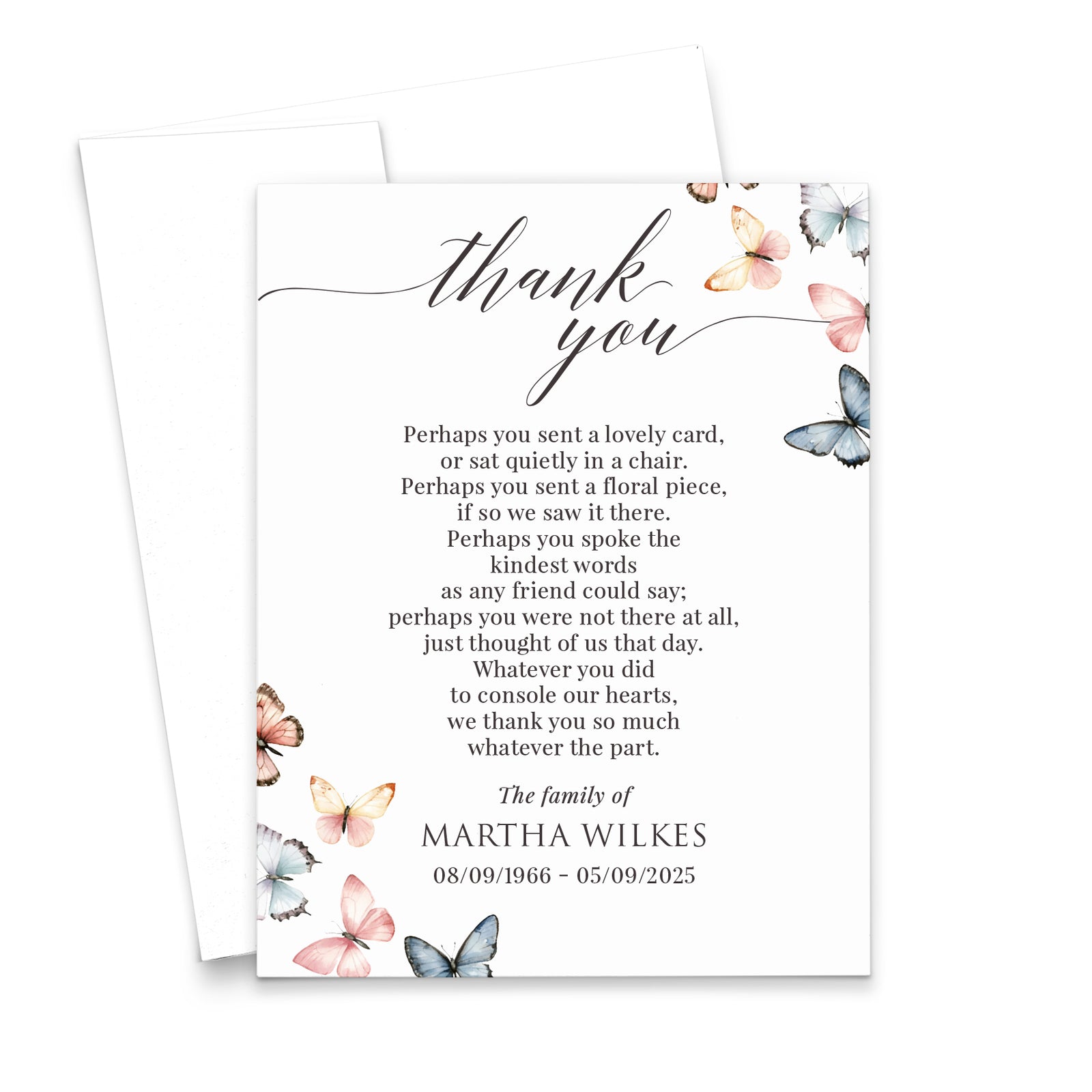 Pink and Blue Watercolor Butterfly Funeral Thank You Cards