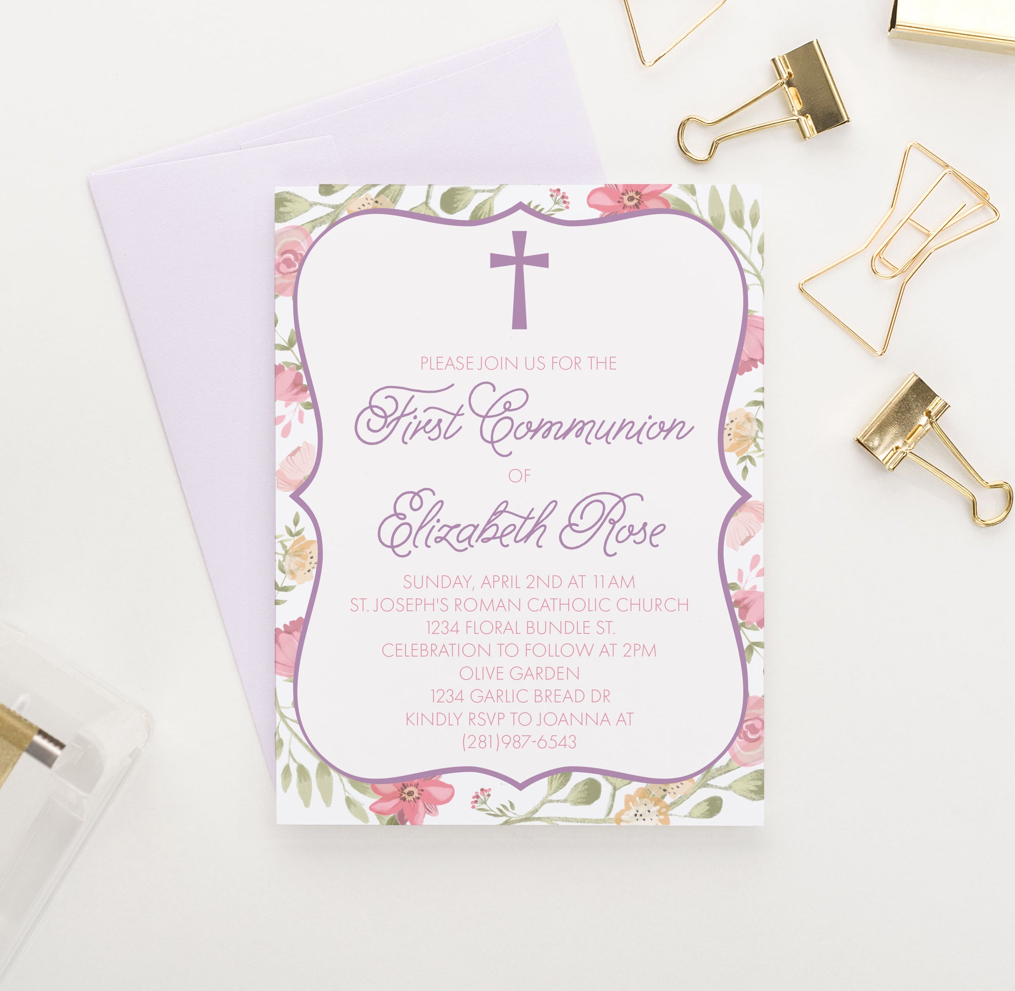 Pink Floral First Communion Invitations Personalized Invitations