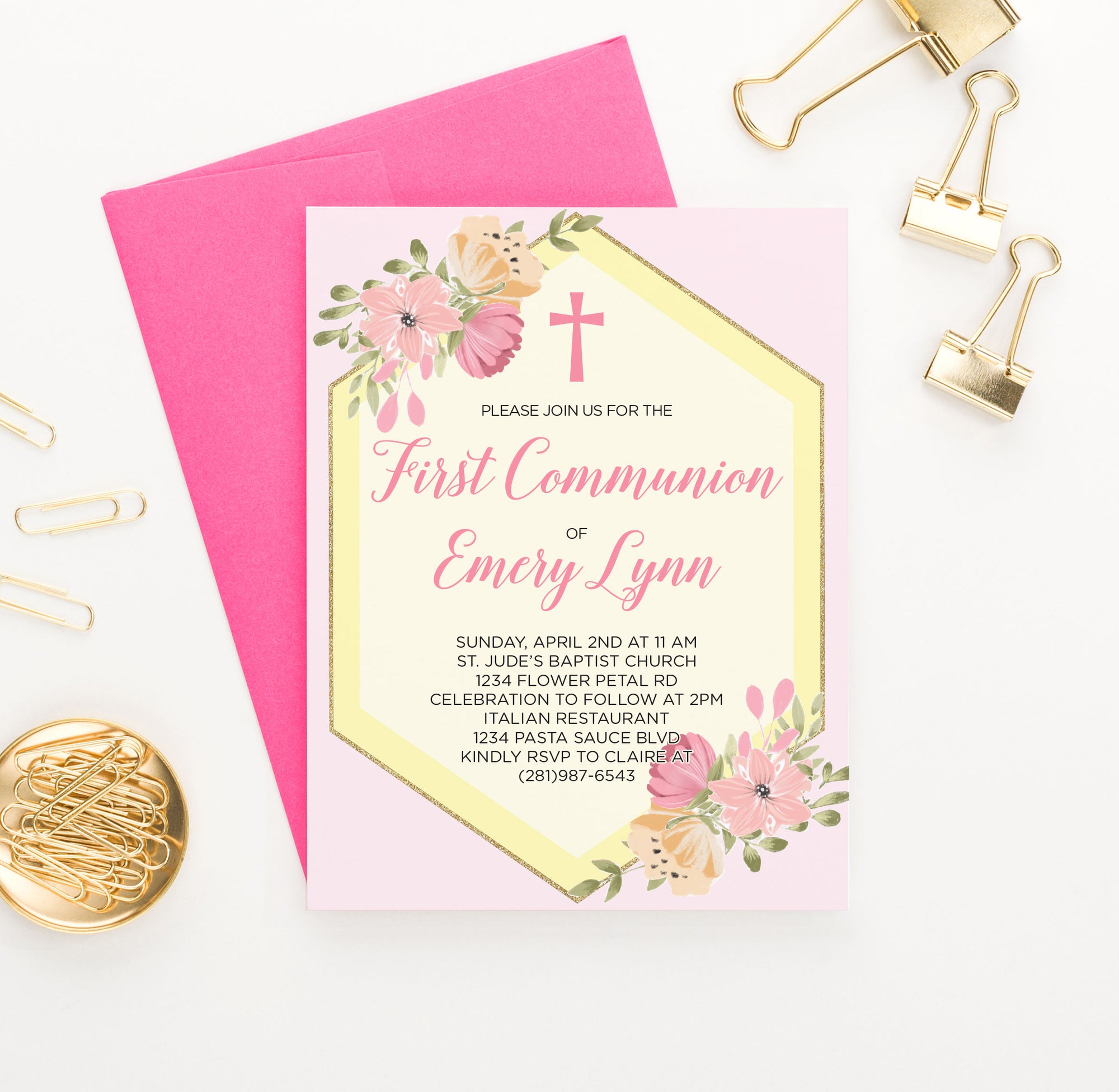 Personalized Pink And Yellow Communion Invitations Cards With Florals