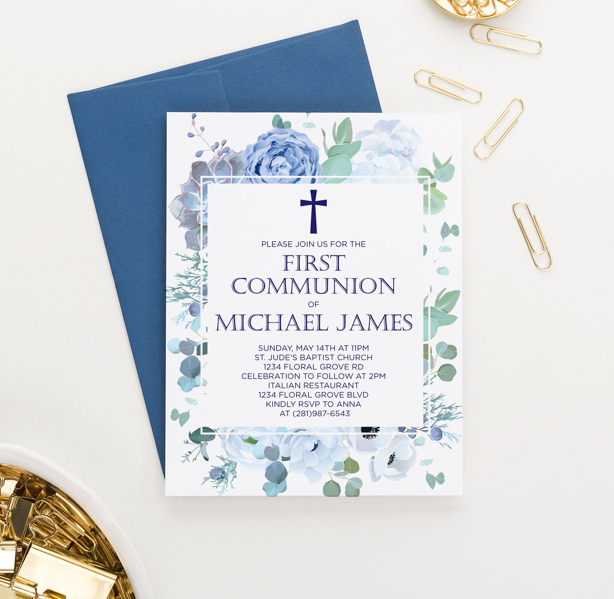 Elegant Blue Floral 1st Communion Invitations With Frame Personalized