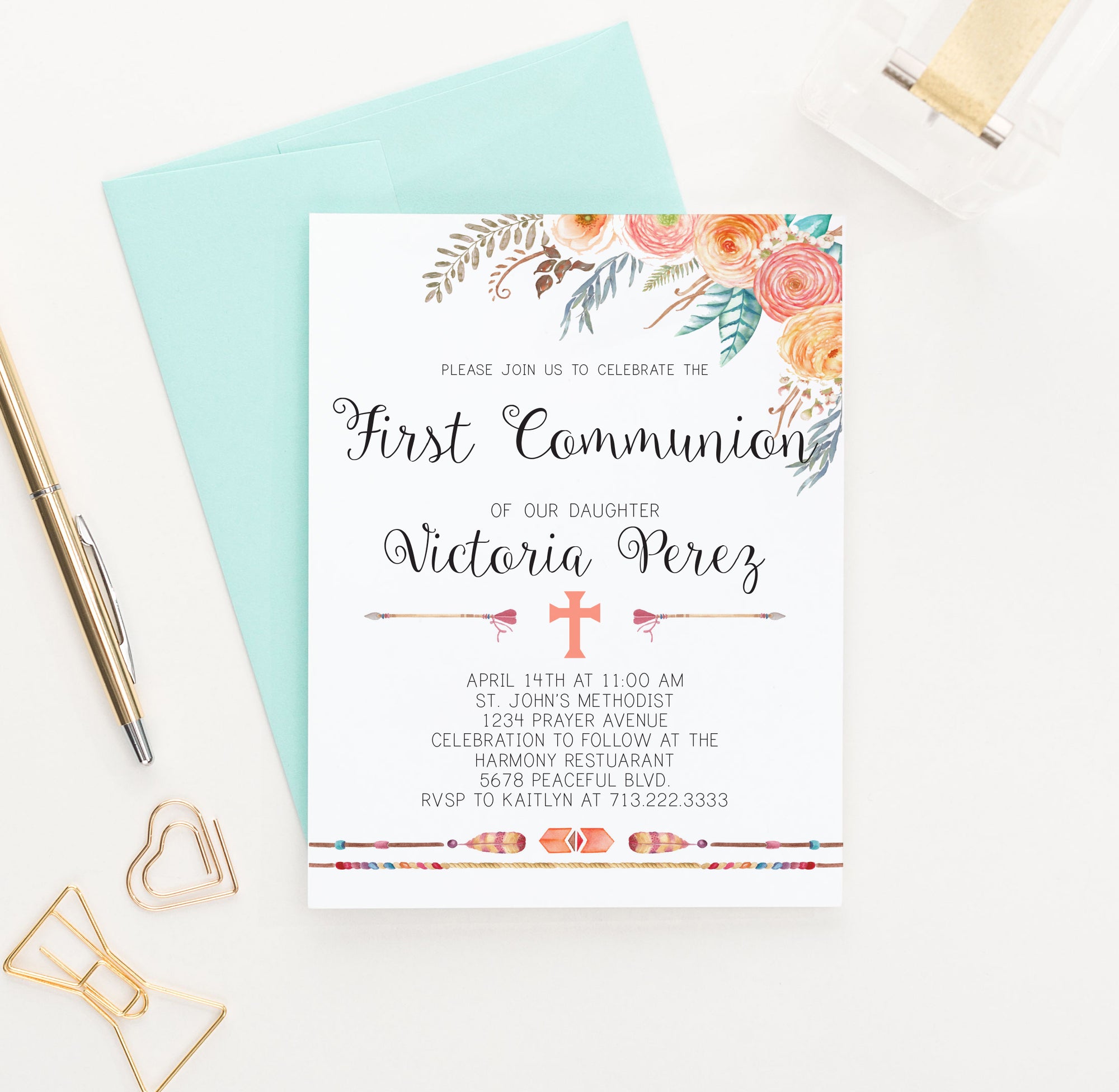 Personalized Orange Floral Boho Communion Invitations With Arrows