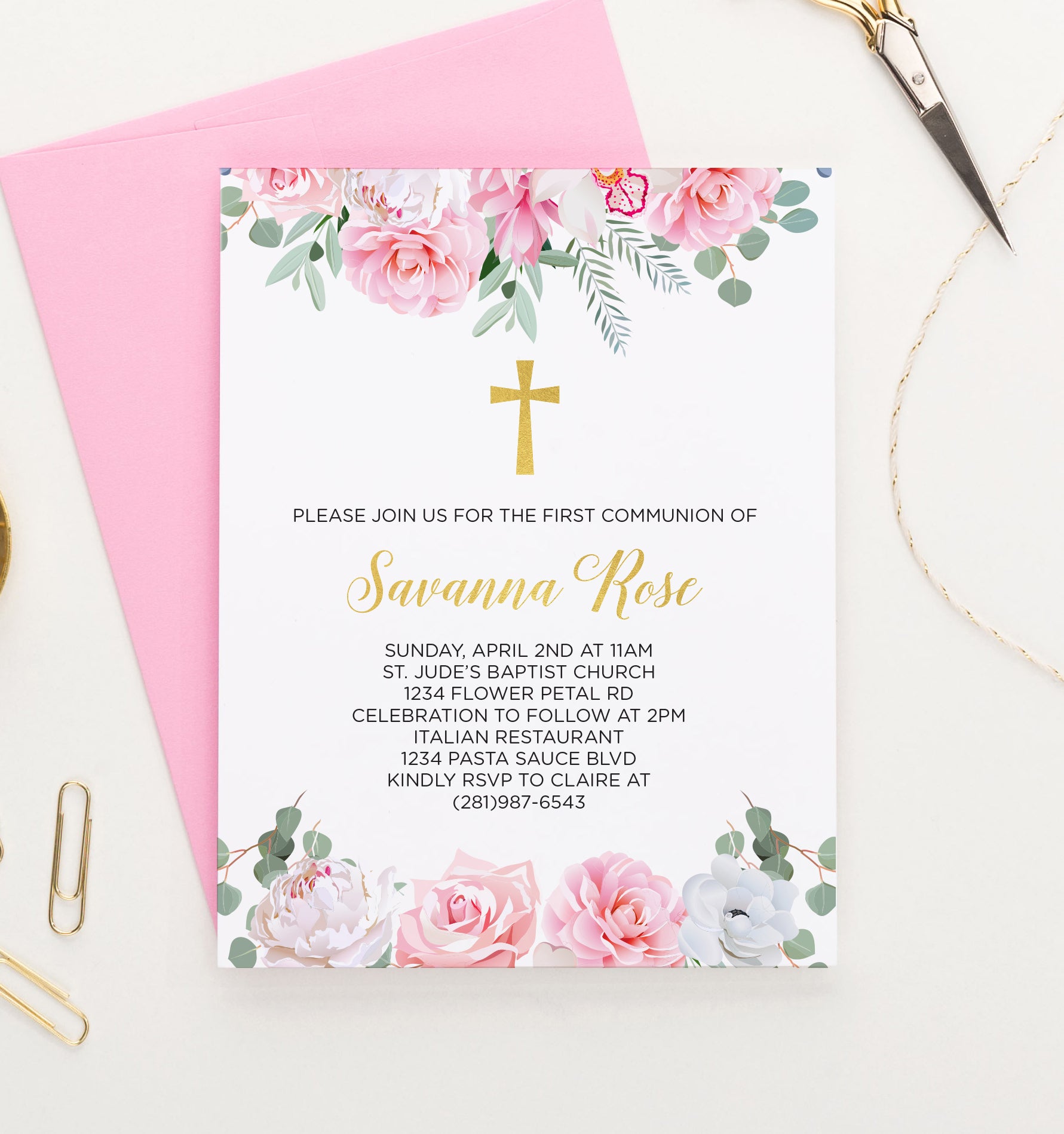 Classic Gold 1st Communion Invitations With Pink Florals Personalized  