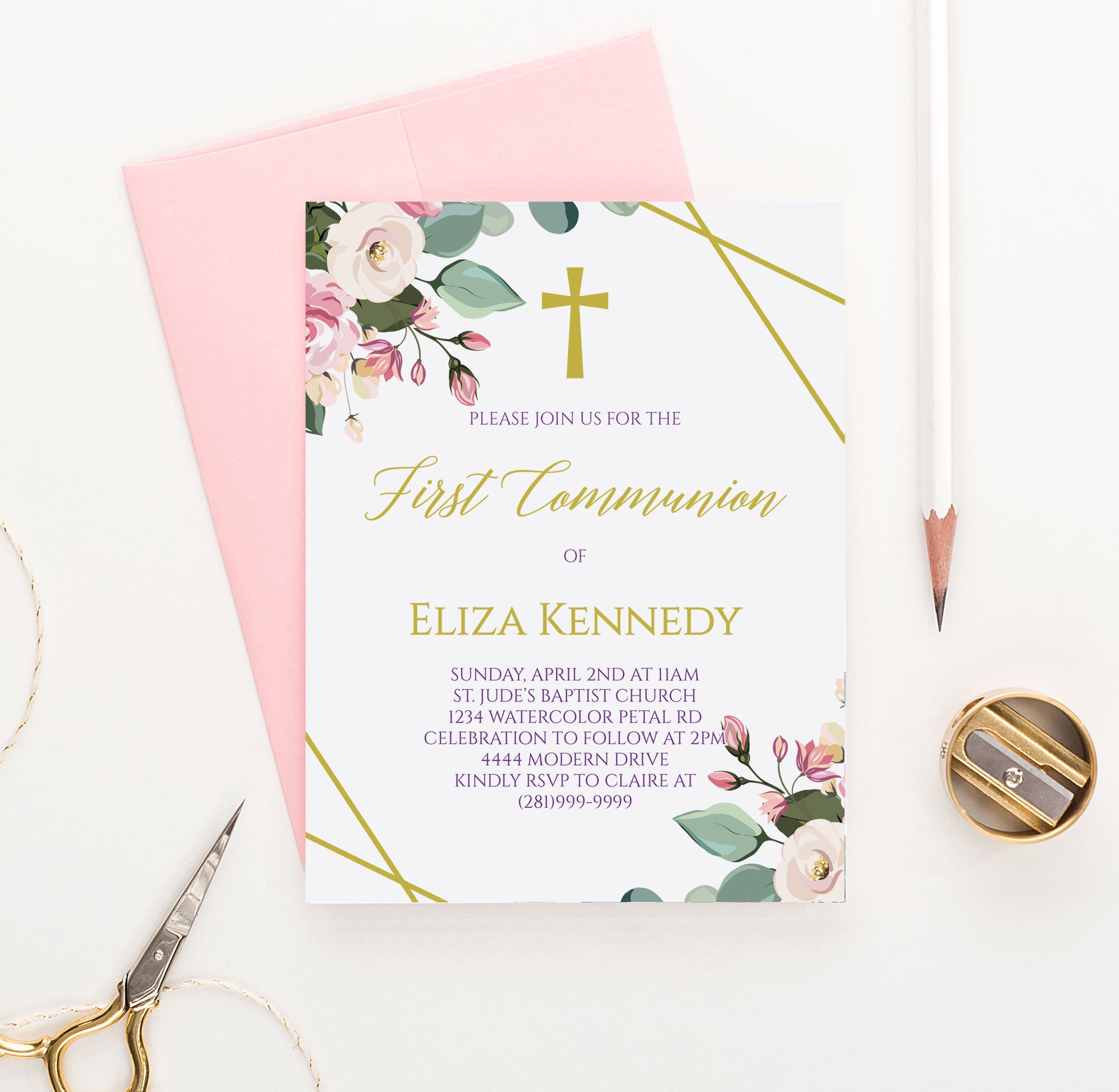 Personalized Gold Communion Invitations With Floral Corners