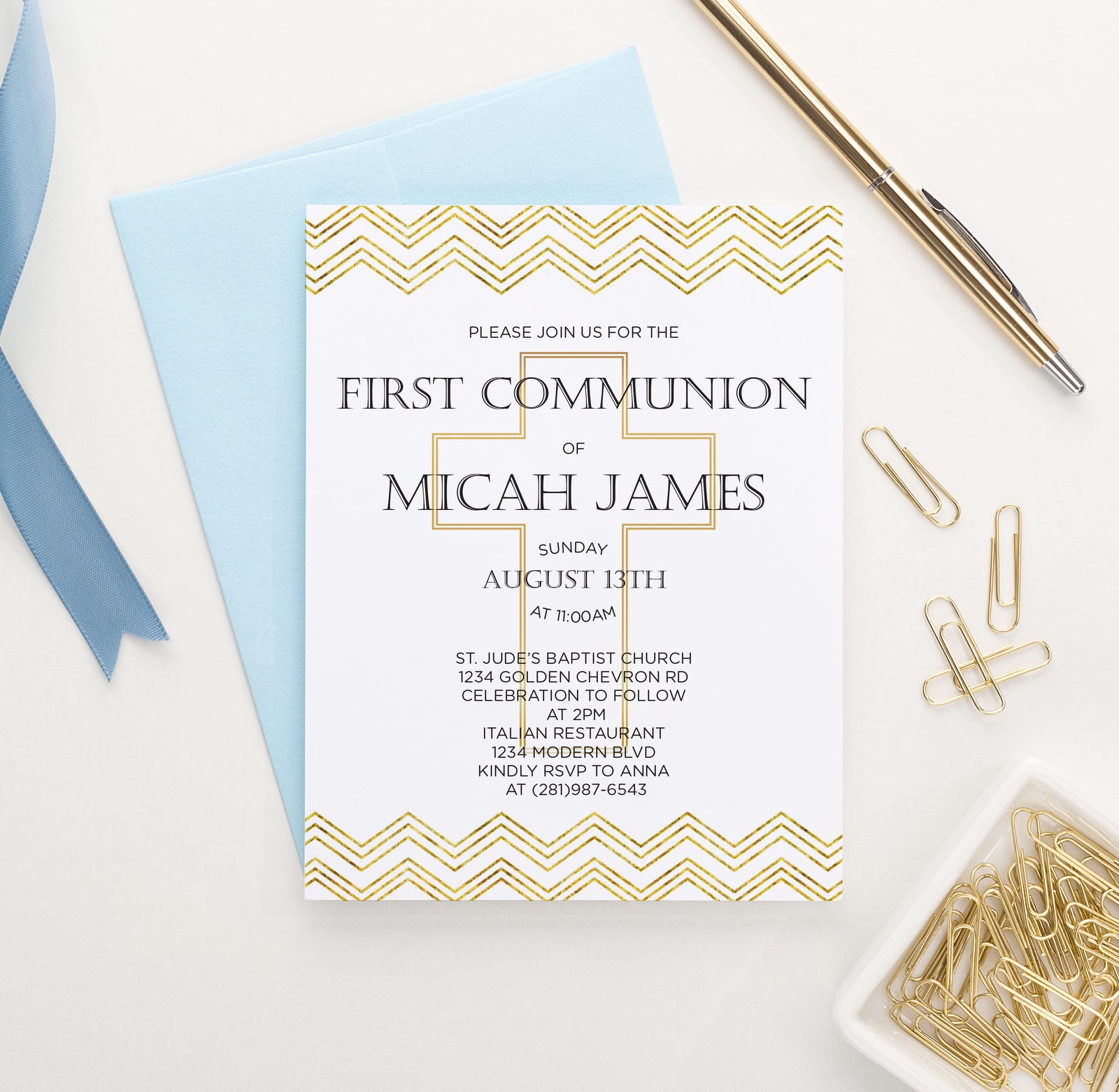 Gold Chevron 1st Communion Invitations With Cross Personalized 