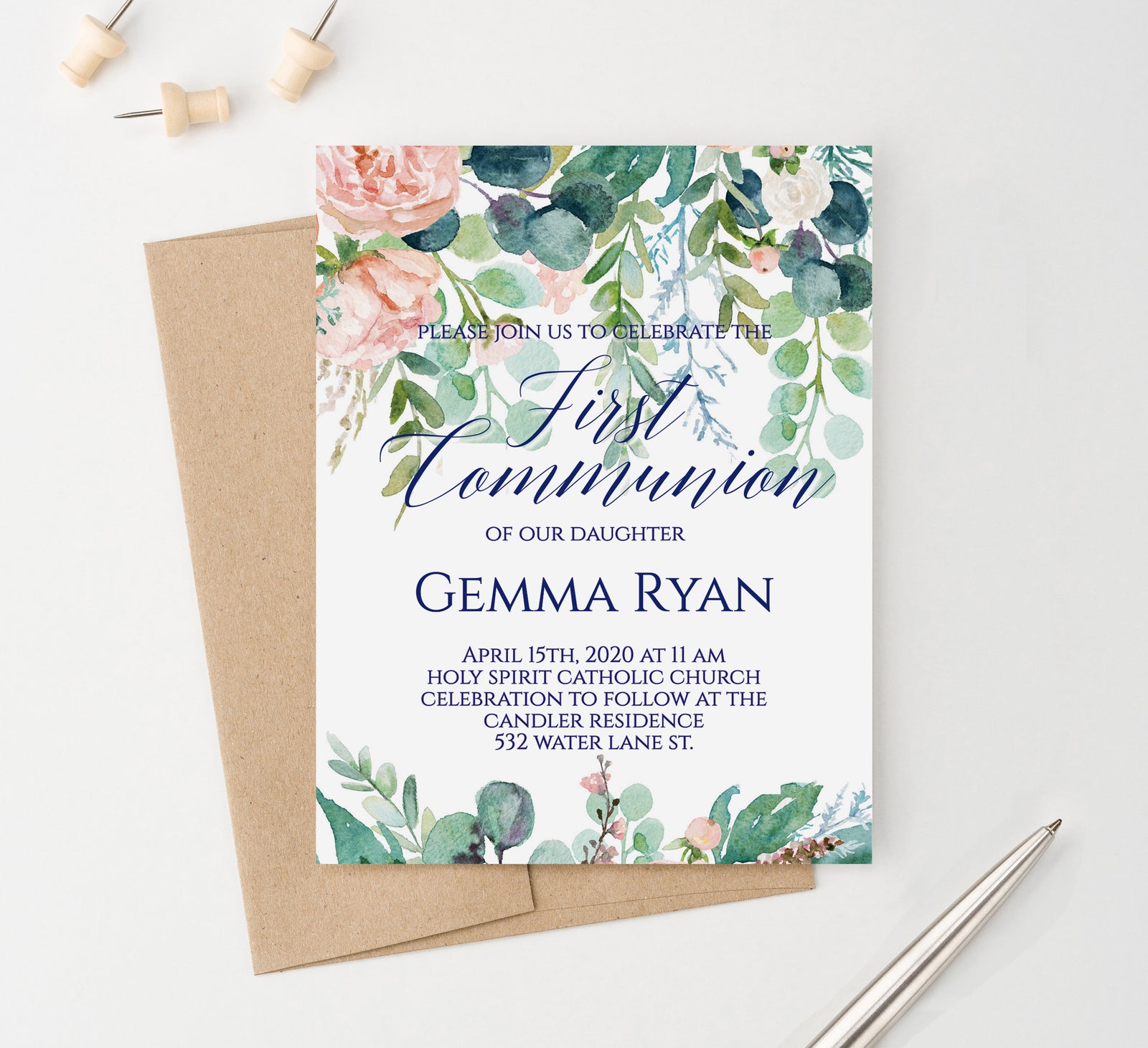 Elegant Floral Greenery 1st Holy Communion Invitation Personalized