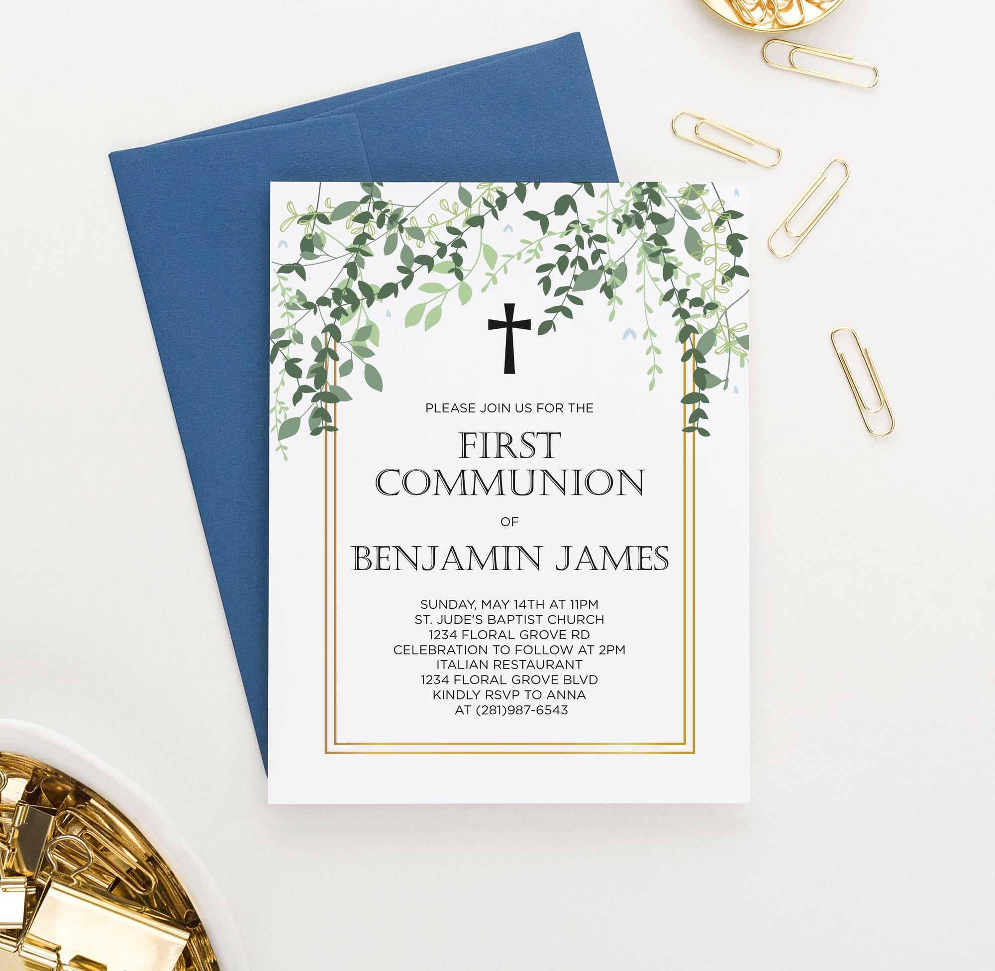 Gold Frame With Greenery 1st Communion Invitations Personalized