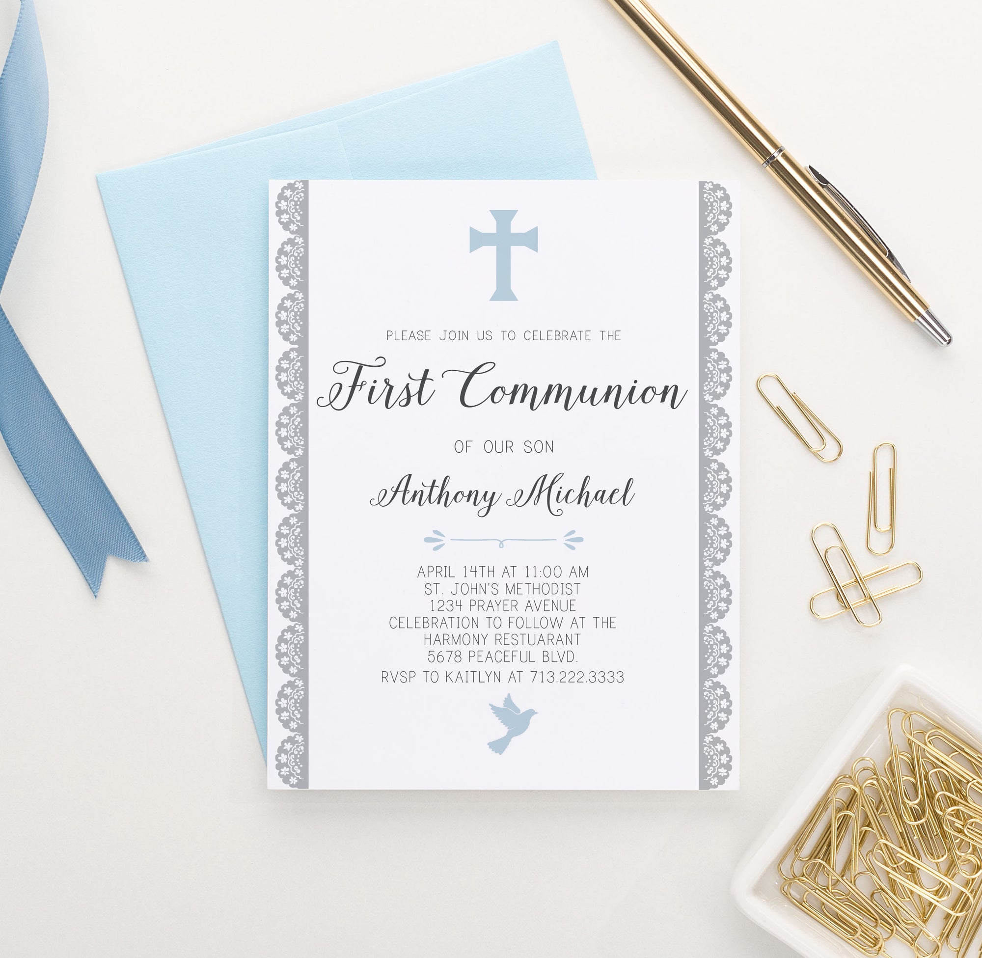 Personalized Blue First Communion Invitations With Lace