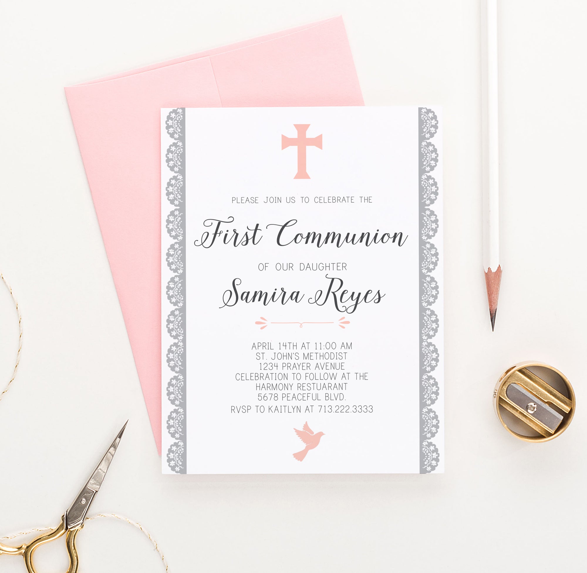 Personalized Pink First Communion Invitations With Lace
