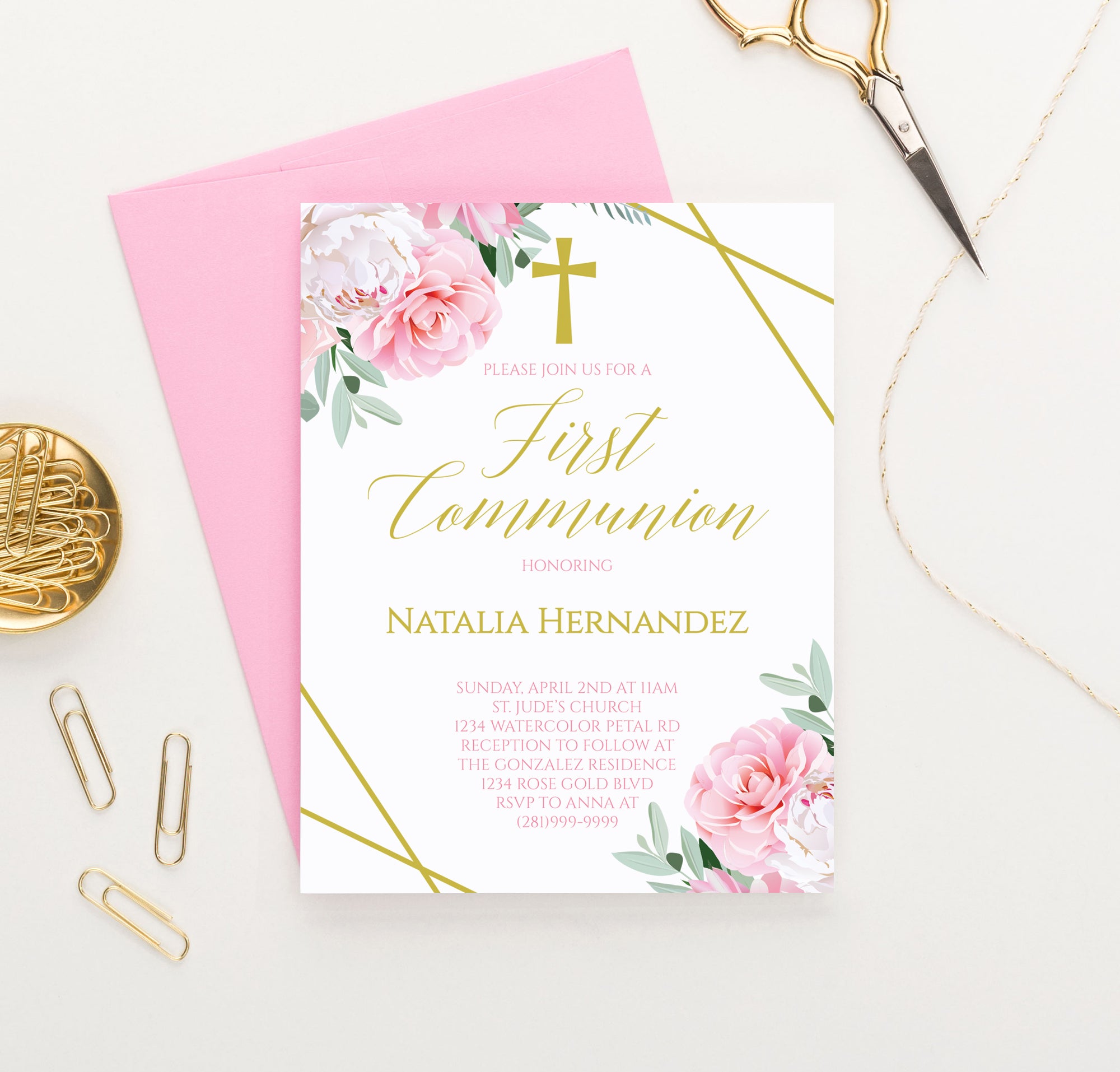 Personalized Pink And Gold Communion Invitations With Floral Corners