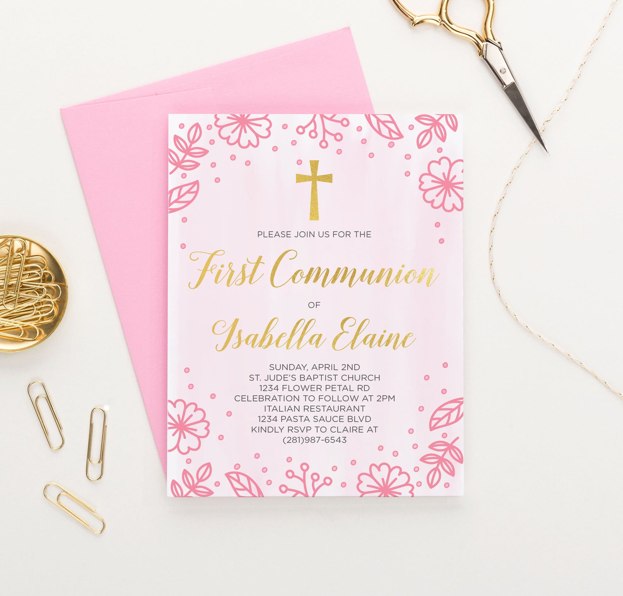 Personalized Pink And Gold Communion Invitations With Floral Frame