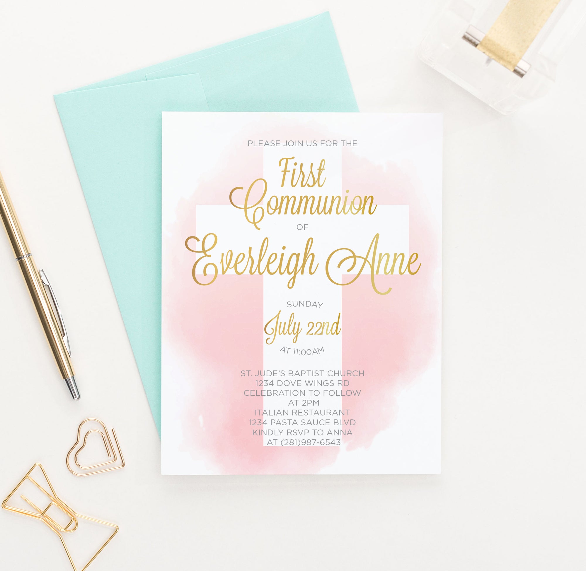 Pink Watercolor Communion Invitations With White Cross Personalized
