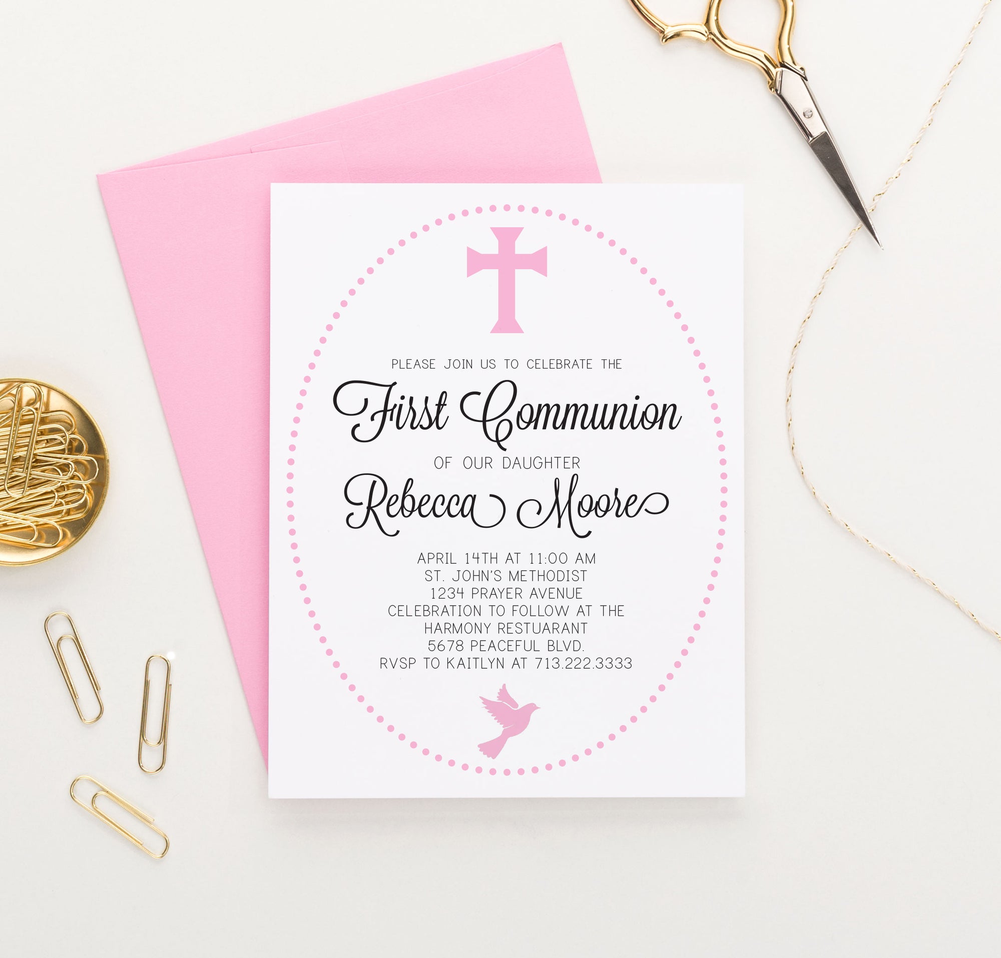 Personalized Pink 1st Communion Invitations With Polka Dot Frame