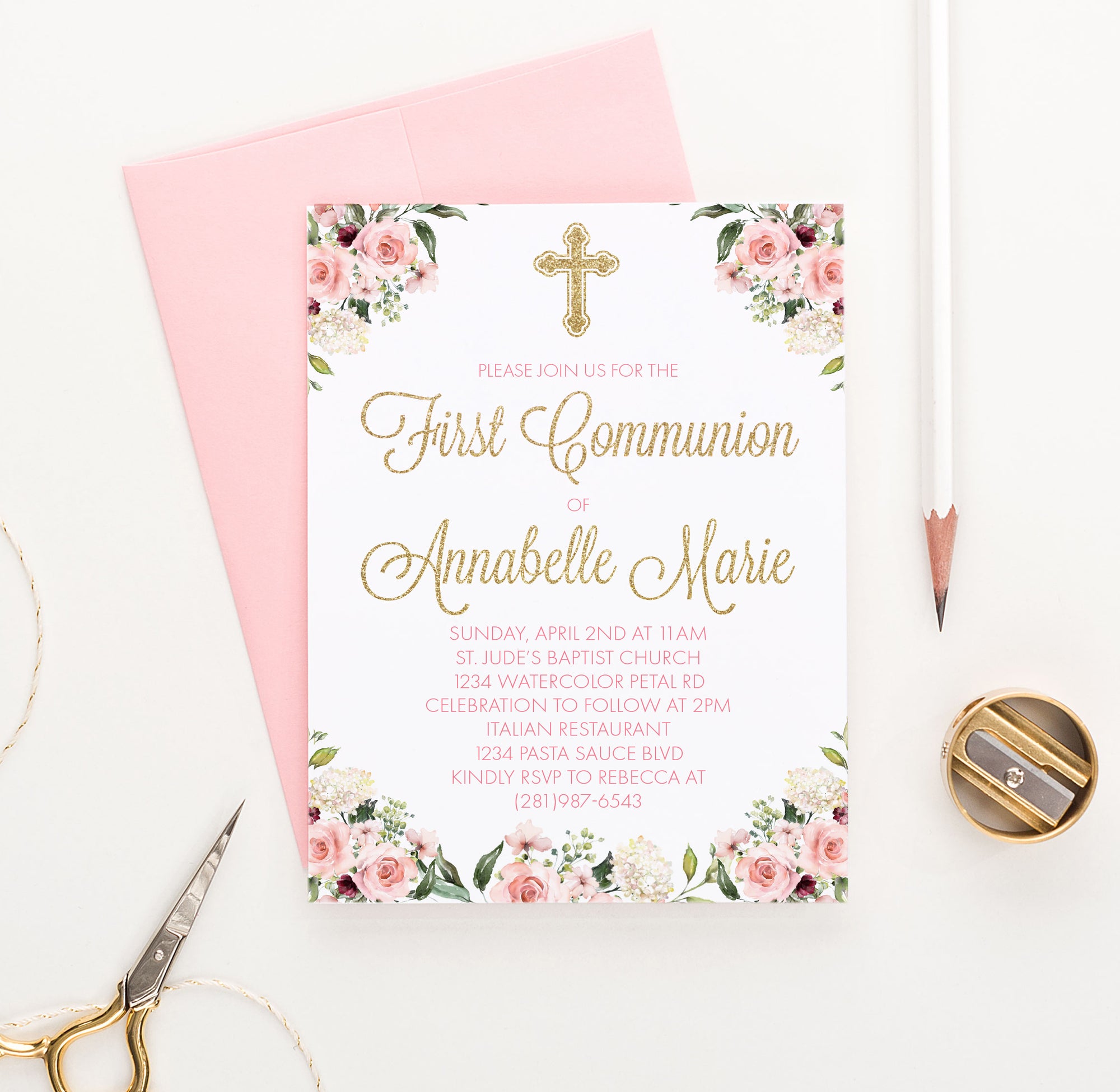Classic Glitter Gold Communion Invitations With Florals Personalized
