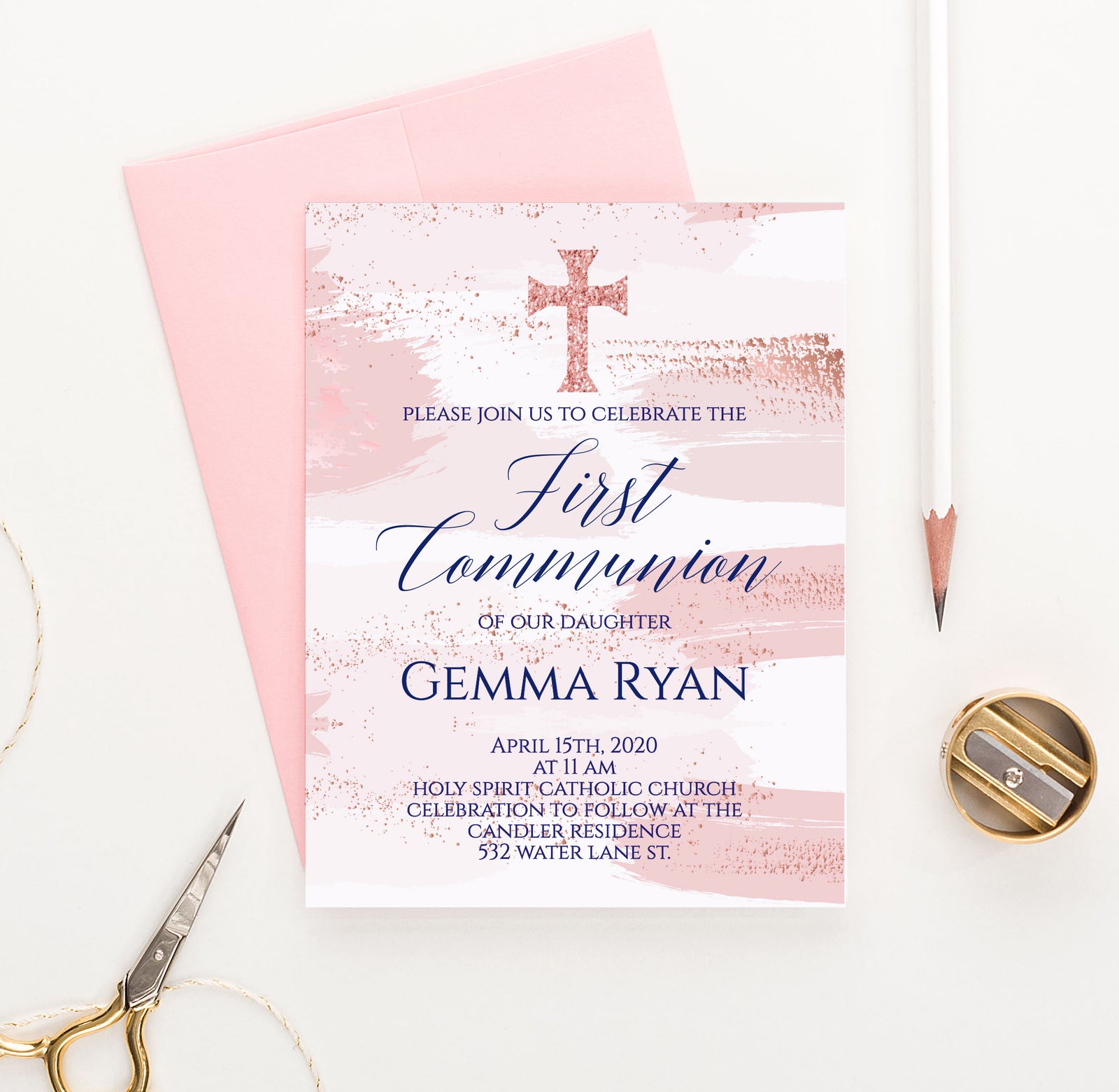 Watercolor Pink And Rose Gold Communion Invitations Personalized