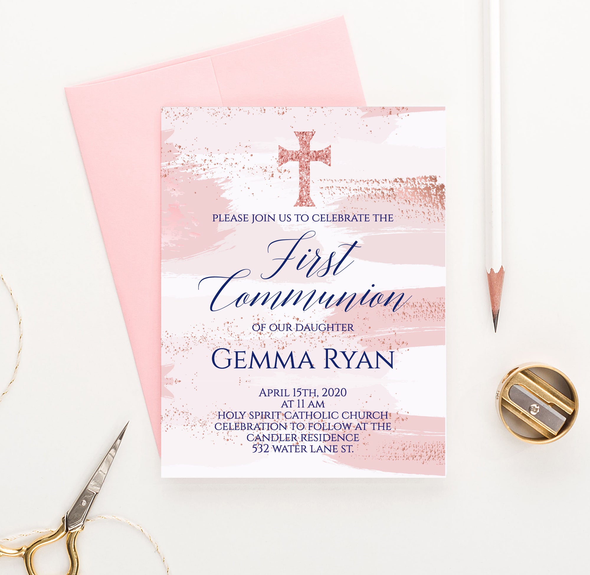 Watercolor Pink And Rose Gold Communion Invitations Personalized