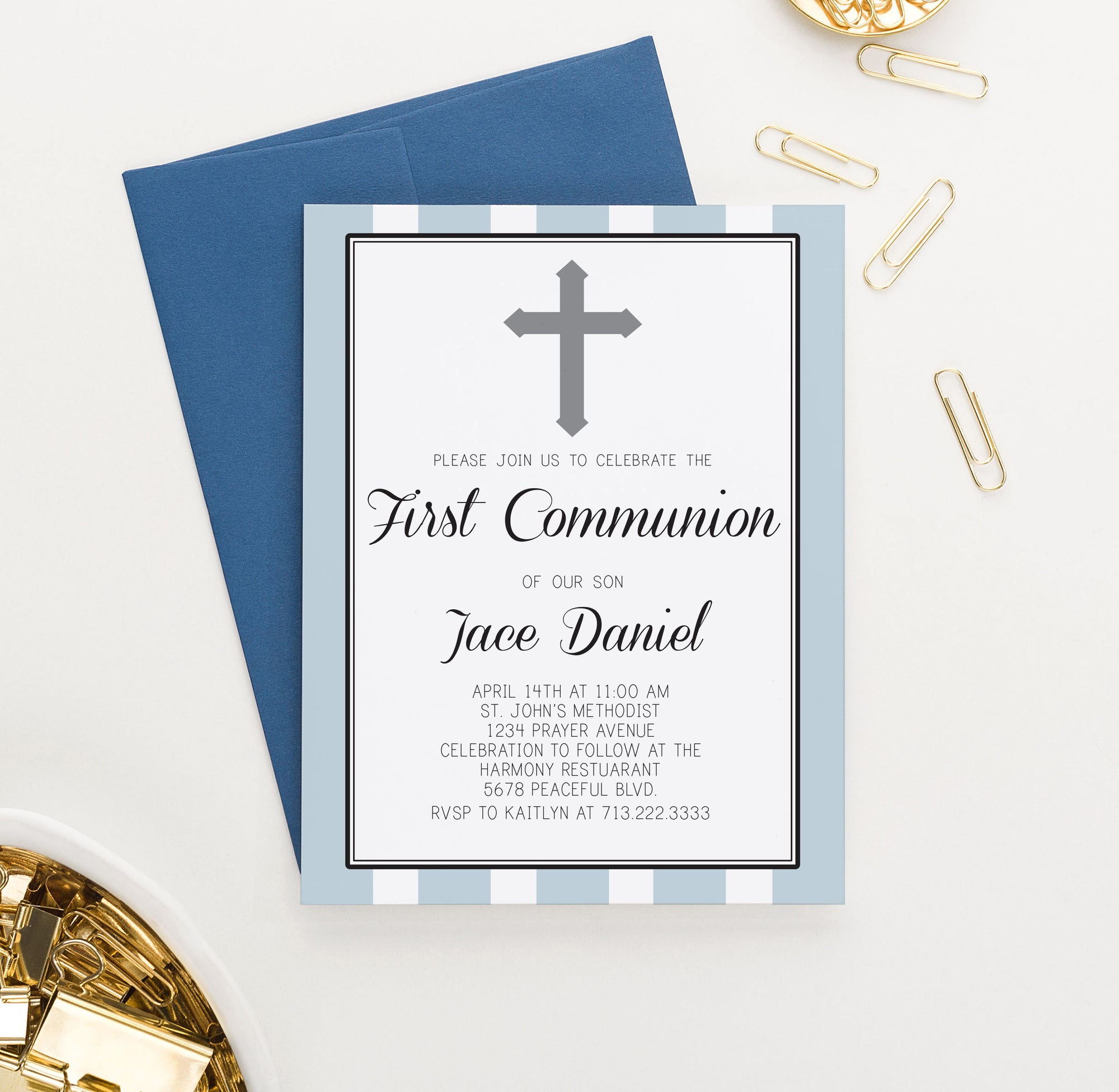 Blue First Communion Invitations With Vertical Stripes Personalized 