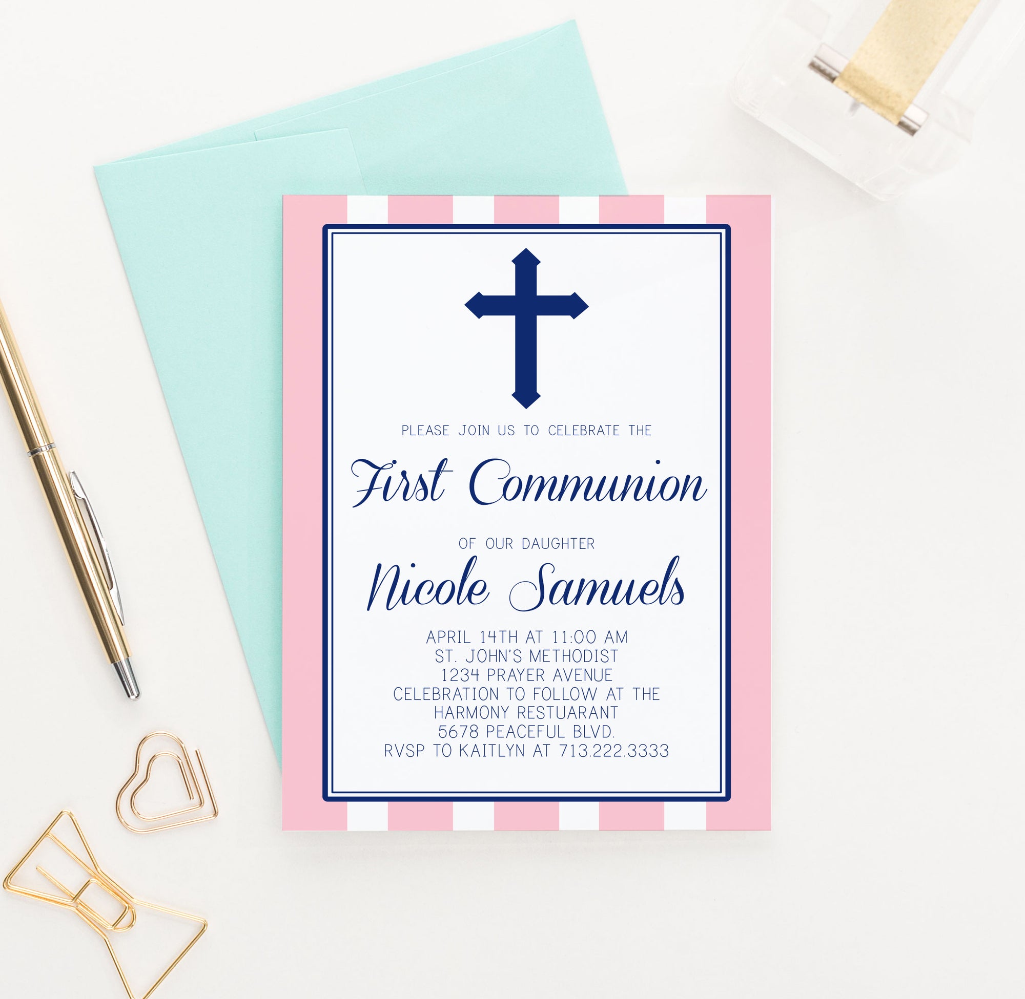 Pink First Communion Invitations  With Vertical Stripes Personalized 