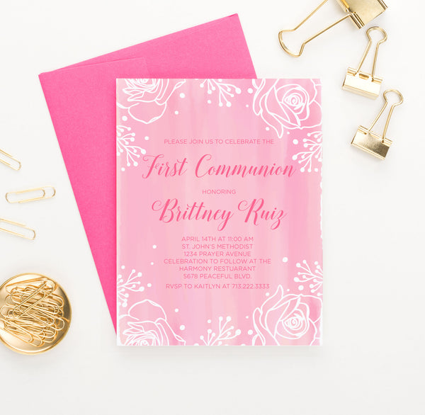 Pink Watercolor Communion Invitations With Floral Frame Personalized ...