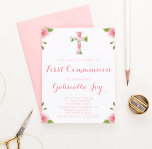 Watercolor Pink And Green Floral Communion Invitations Personalized