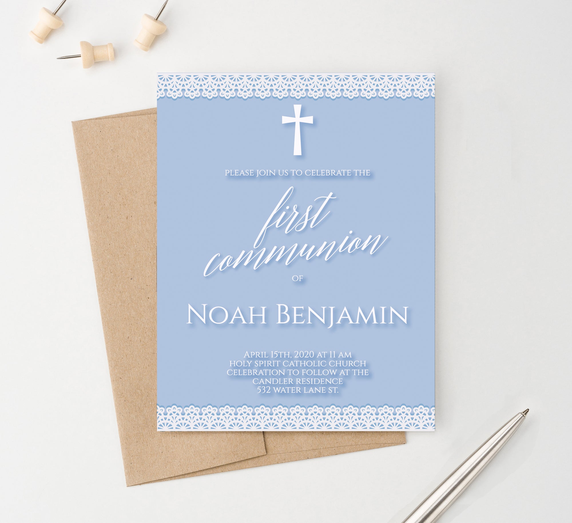 Personalized Boy 1st Communion Invitations Blue With White Lace