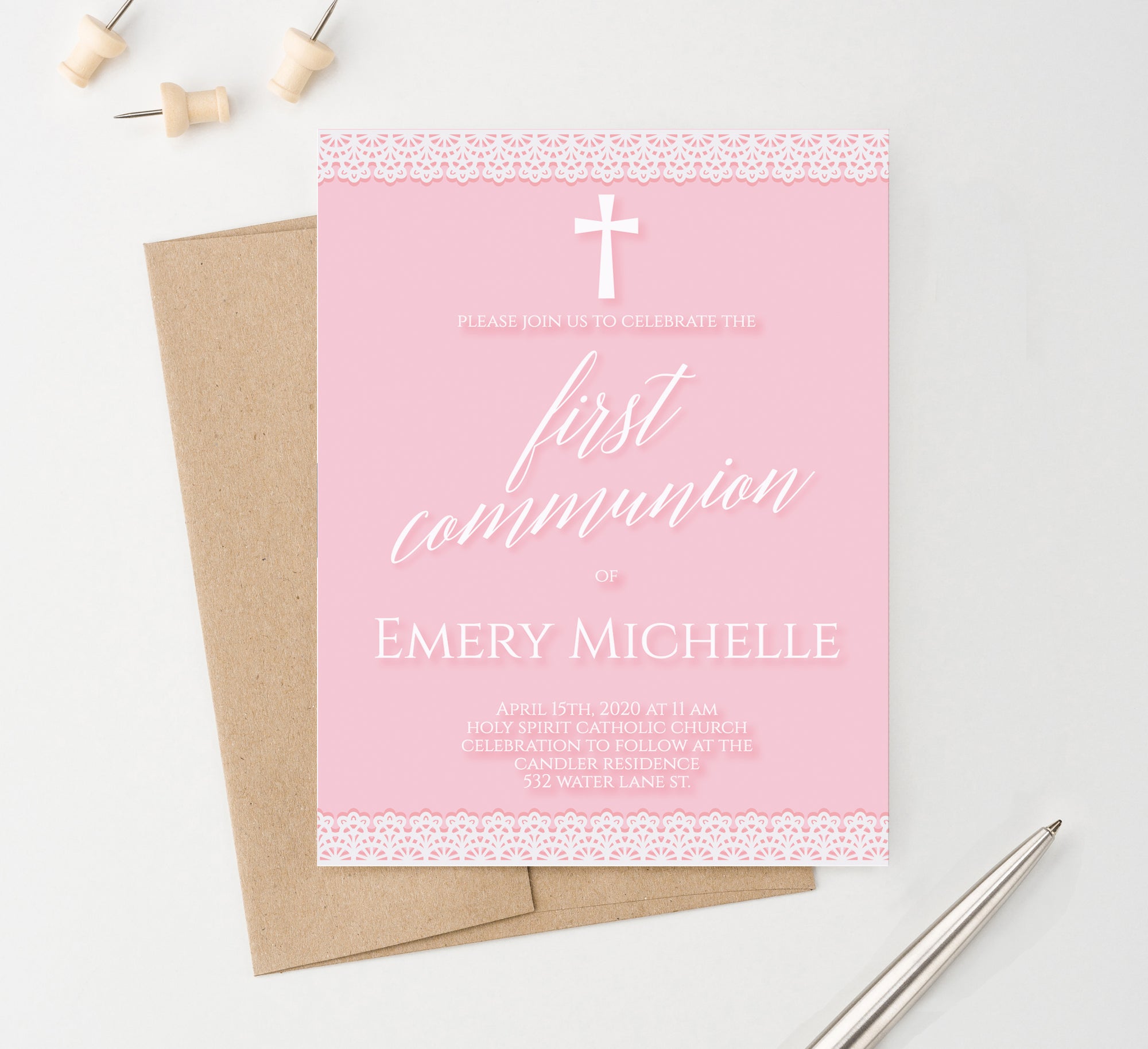 Personalized Girl 1st Communion Invitations Pink With White Lace