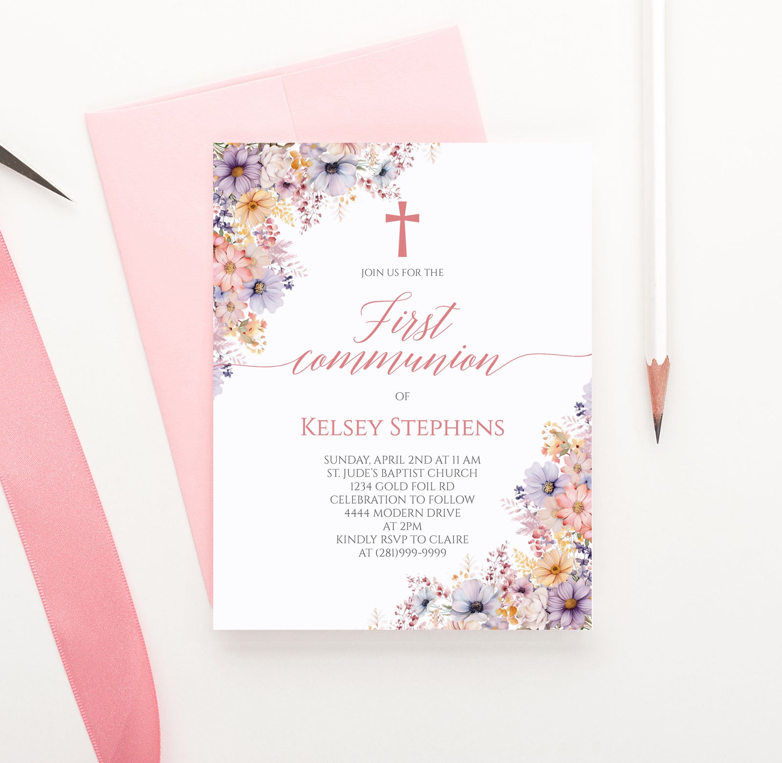 Cute Floral 1st Communion Cards Printable